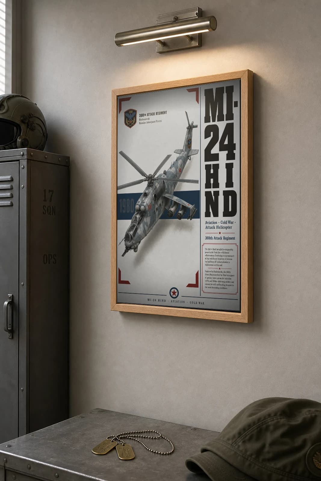 Mi-24 Hind Poster — 368th Attack Regiment military aviation wall art · framed A2 · 1980 — the framed print shown at a three-quarter angle on a styled gallery wall in a natural-oak frame