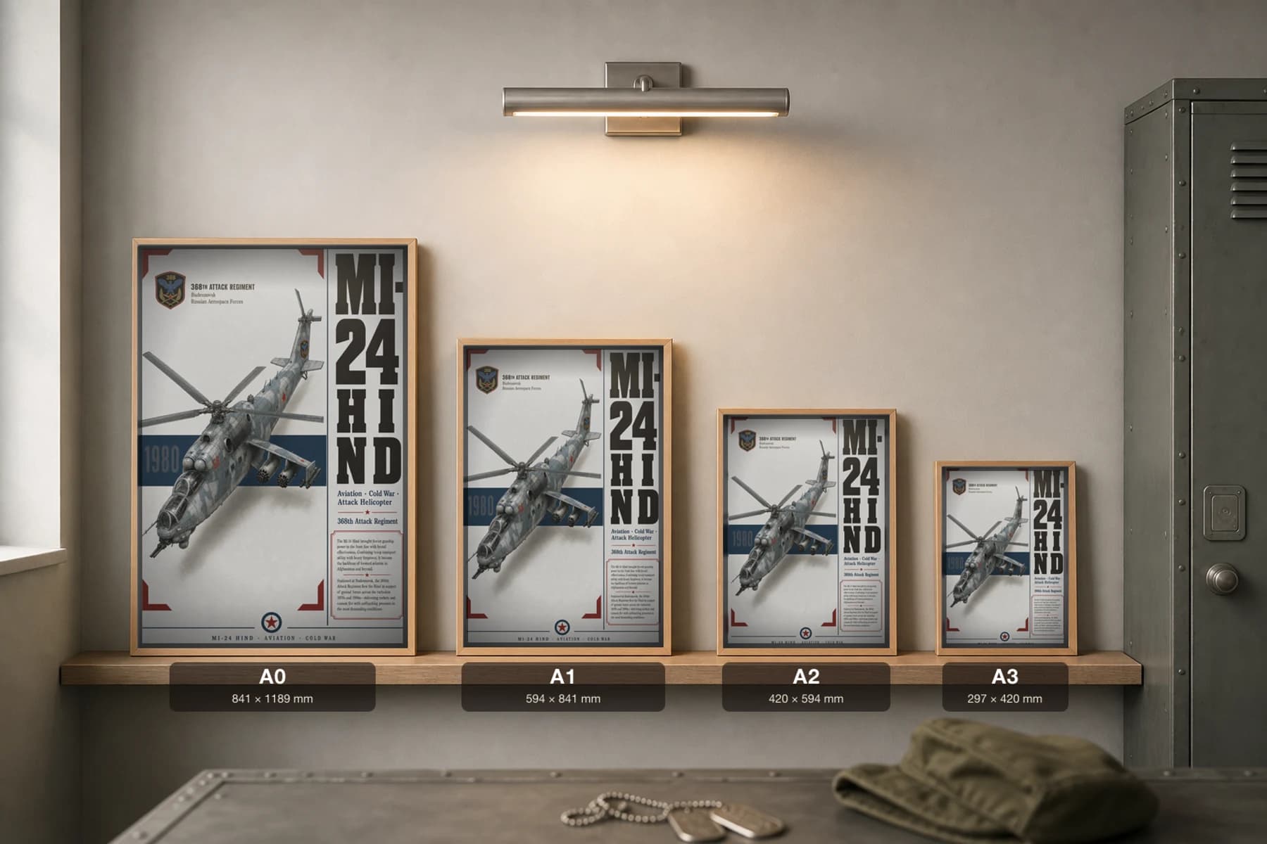 Mi-24 Hind Poster — 368th Attack Regiment military aviation wall art · framed A2 · 1980 — print size guide showing the artwork at A0, A1, A2 and A3 in natural-oak frames at true relative scale