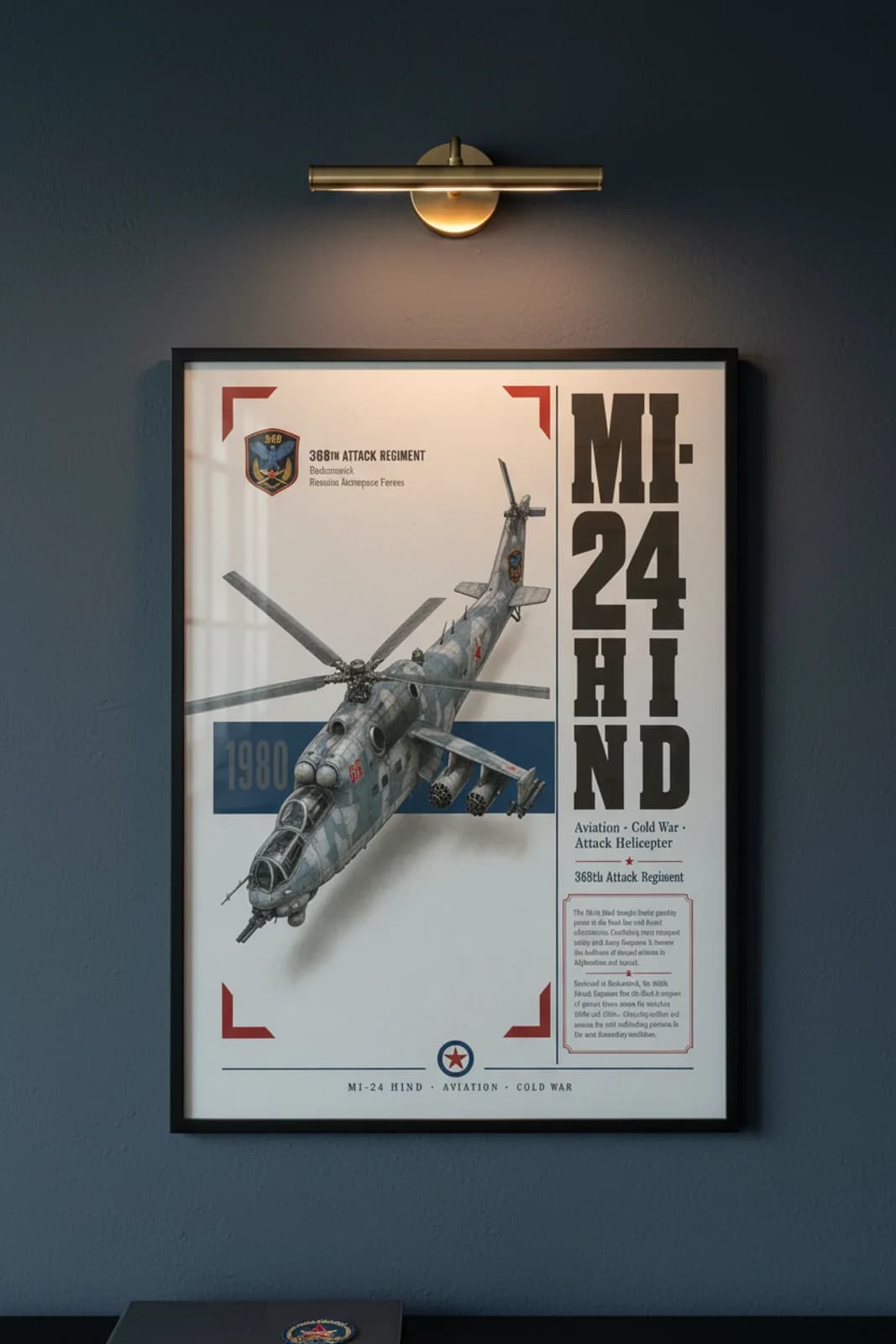 Mi-24 Hind aviation poster in black A2 frame on splinter-grey-blue navy hangar wall — Aviation Heroes mockup