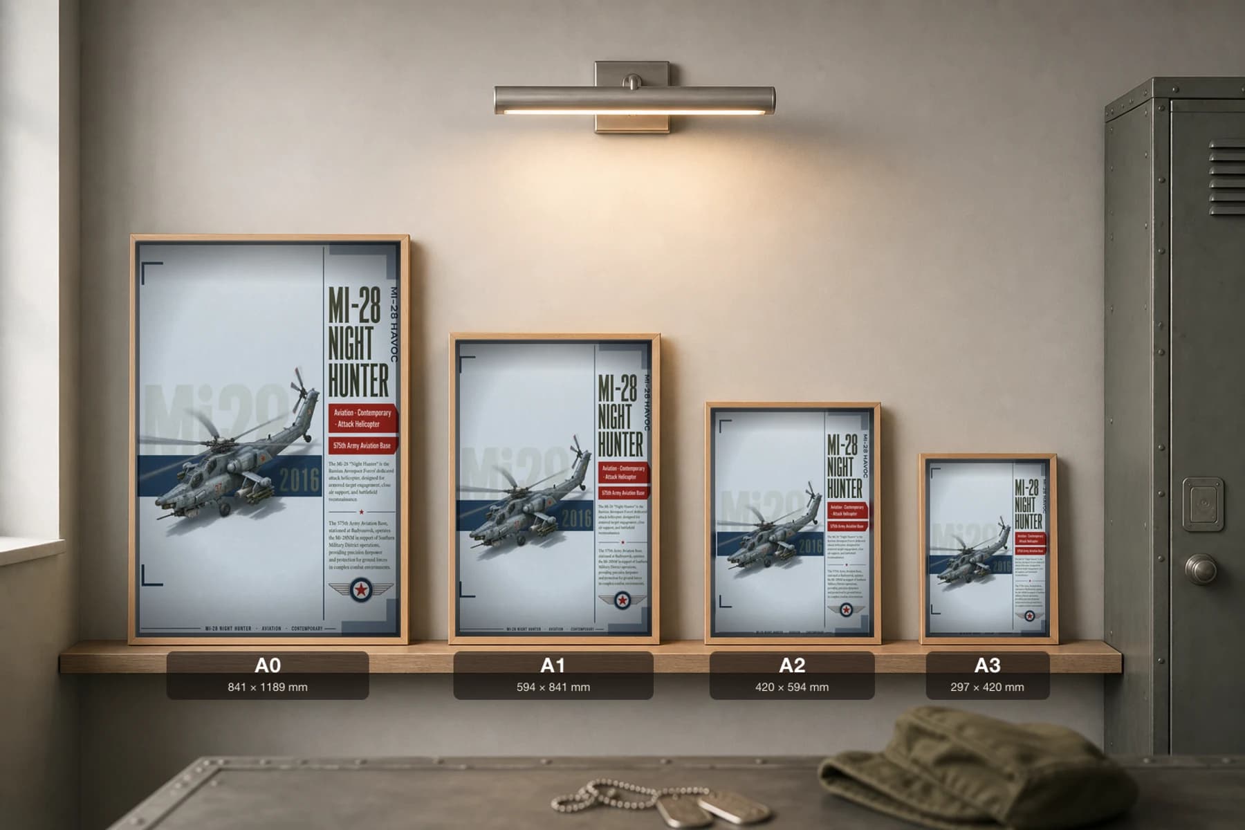 Mi-28NM Night Hunter Poster — 575th Army Aviation Base military aviation wall art · framed A2 · 2016 — print size guide showing the artwork at A0, A1, A2 and A3 in natural-oak frames at true relative scale