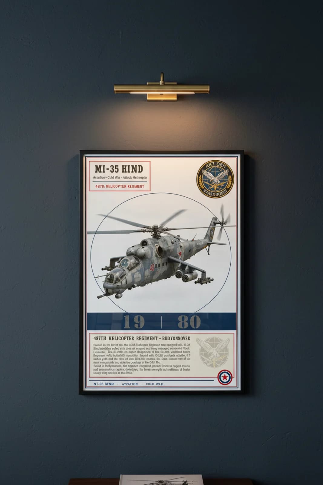 Mi-35 Hind aviation poster in black A2 frame on grey-blue-camo navy hangar wall — Aviation Heroes mockup