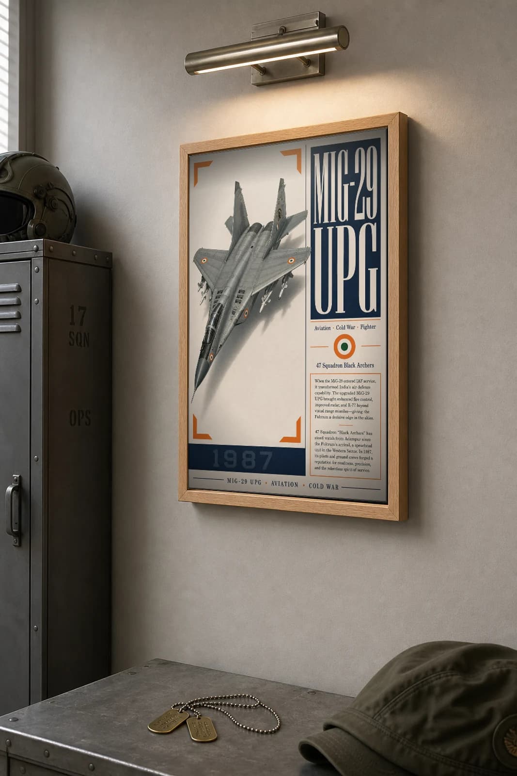 MiG-29 UPG Fulcrum Poster — 47 Squadron Black Archers military aviation wall art · framed A2 · 1987 — the framed print shown at a three-quarter angle on a styled gallery wall in a natural-oak frame