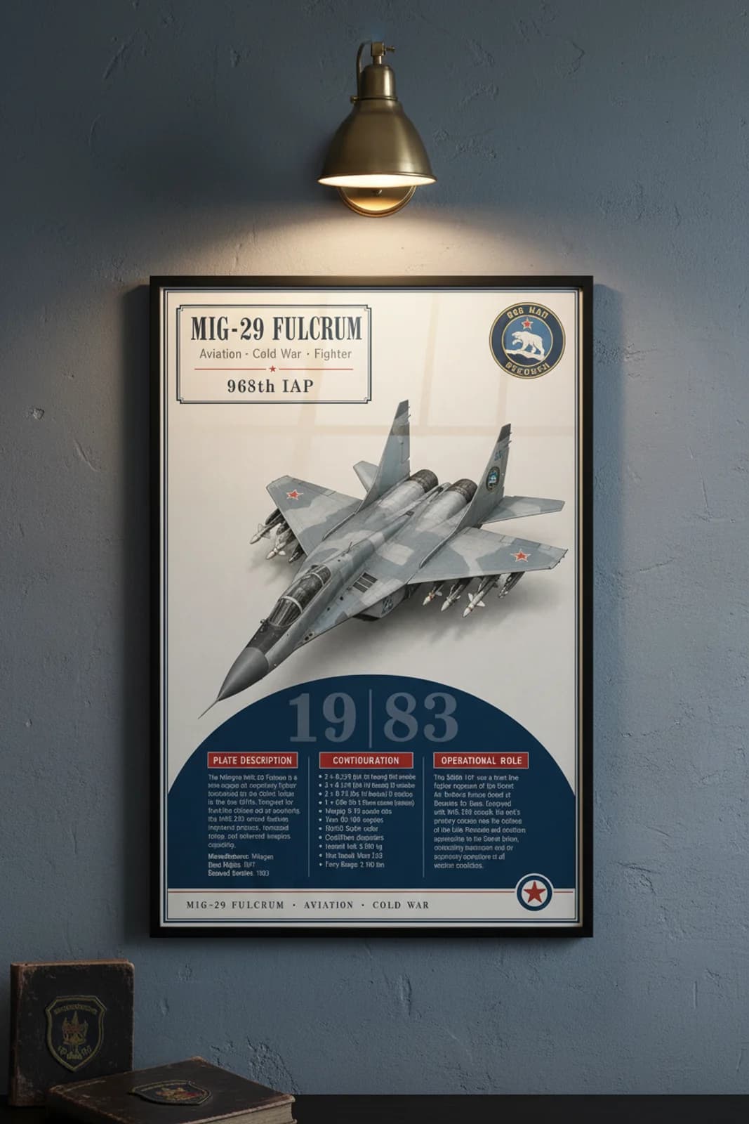 MiG-29 Fulcrum aviation poster in black A2 frame on light-grey-off-white navy hangar wall — Aviation Heroes mockup