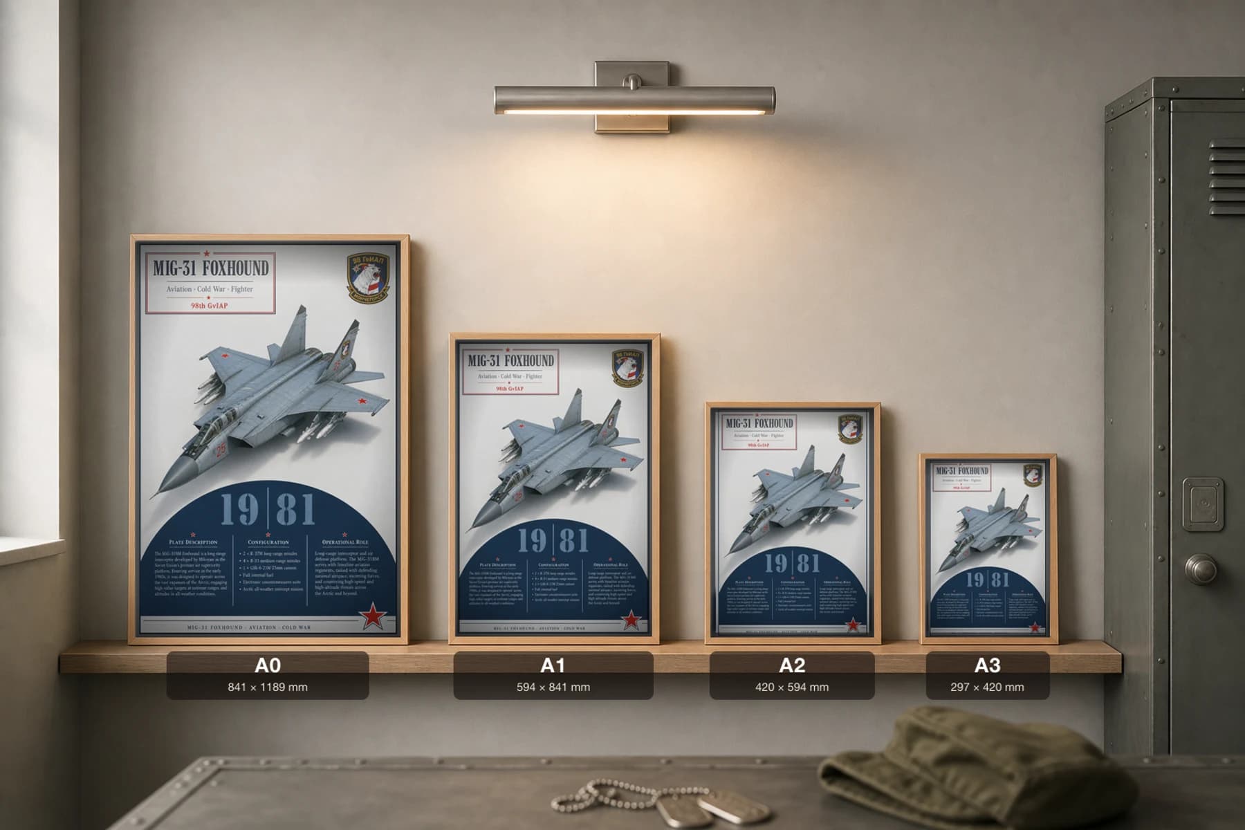 MiG-31 Foxhound Poster — 98th GvIAP military aviation wall art · framed A2 · 1981 — print size guide showing the artwork at A0, A1, A2 and A3 in natural-oak frames at true relative scale