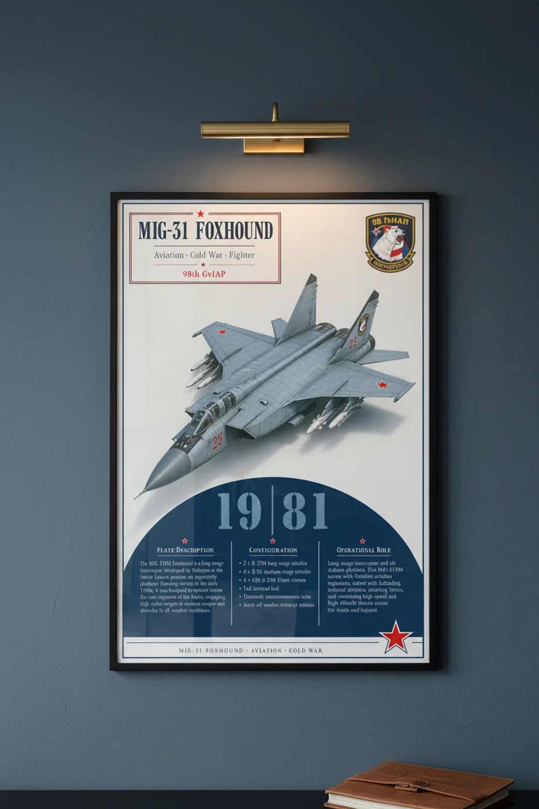 MiG-31 Foxhound aviation poster in black A2 frame on russian-blue-grey navy hangar wall — Aviation Heroes mockup