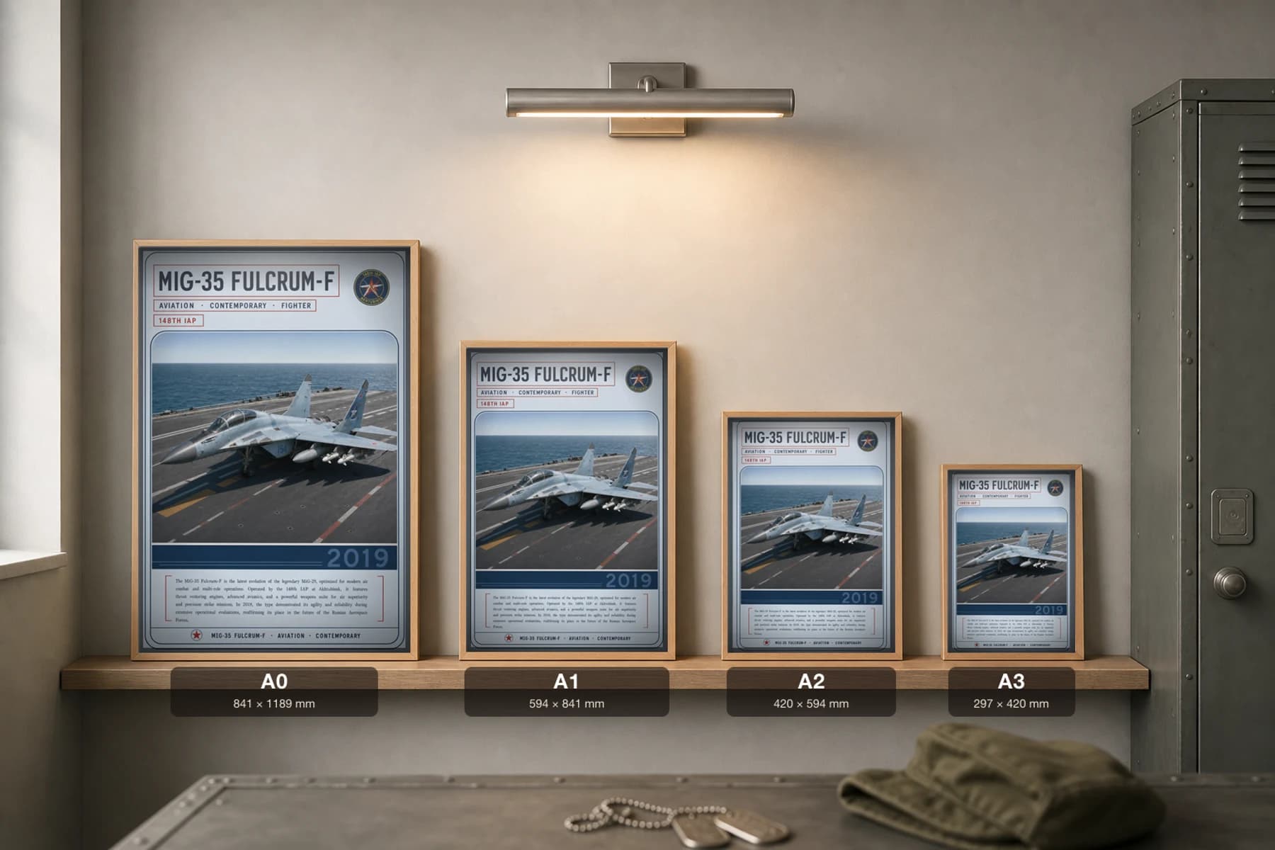 MiG-35 Fulcrum-F Poster — 148th IAP military aviation wall art · framed A2 · 2019 — print size guide showing the artwork at A0, A1, A2 and A3 in natural-oak frames at true relative scale