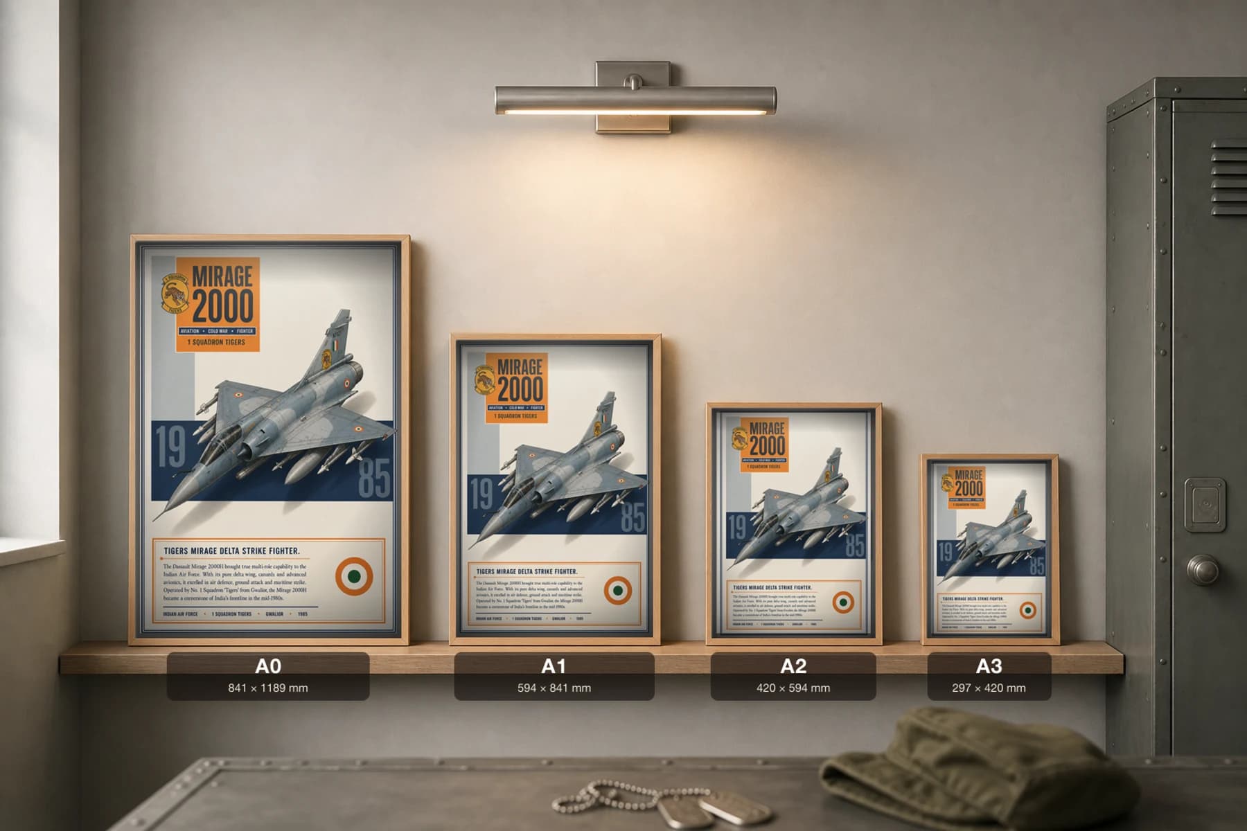 Mirage 2000H Poster — 1 Squadron Tigers military aviation wall art · framed A2 · 1985 — print size guide showing the artwork at A0, A1, A2 and A3 in natural-oak frames at true relative scale