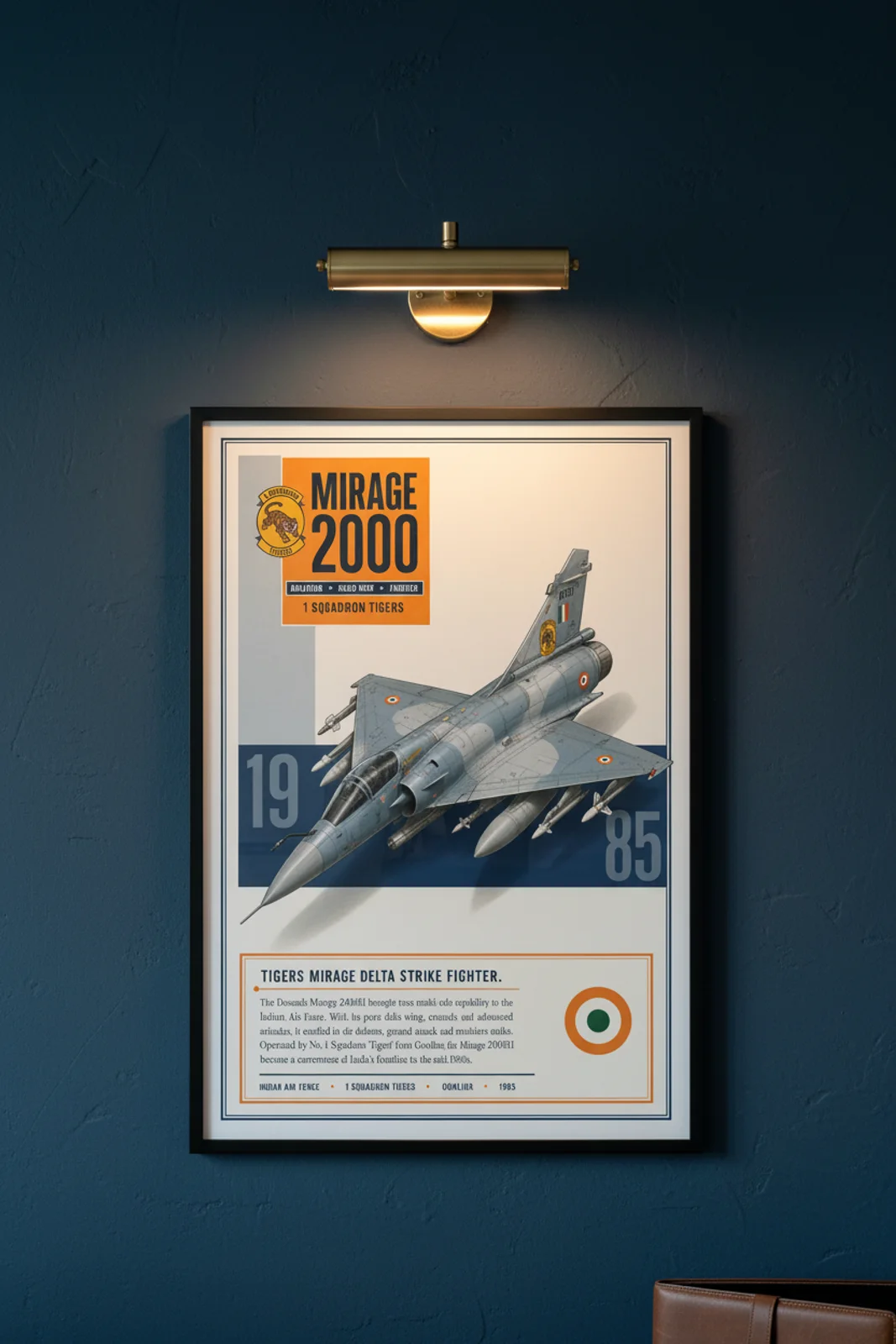 Mirage 2000H aviation poster in black A2 frame on warm-cream-off-white navy hangar wall — Aviation Heroes mockup