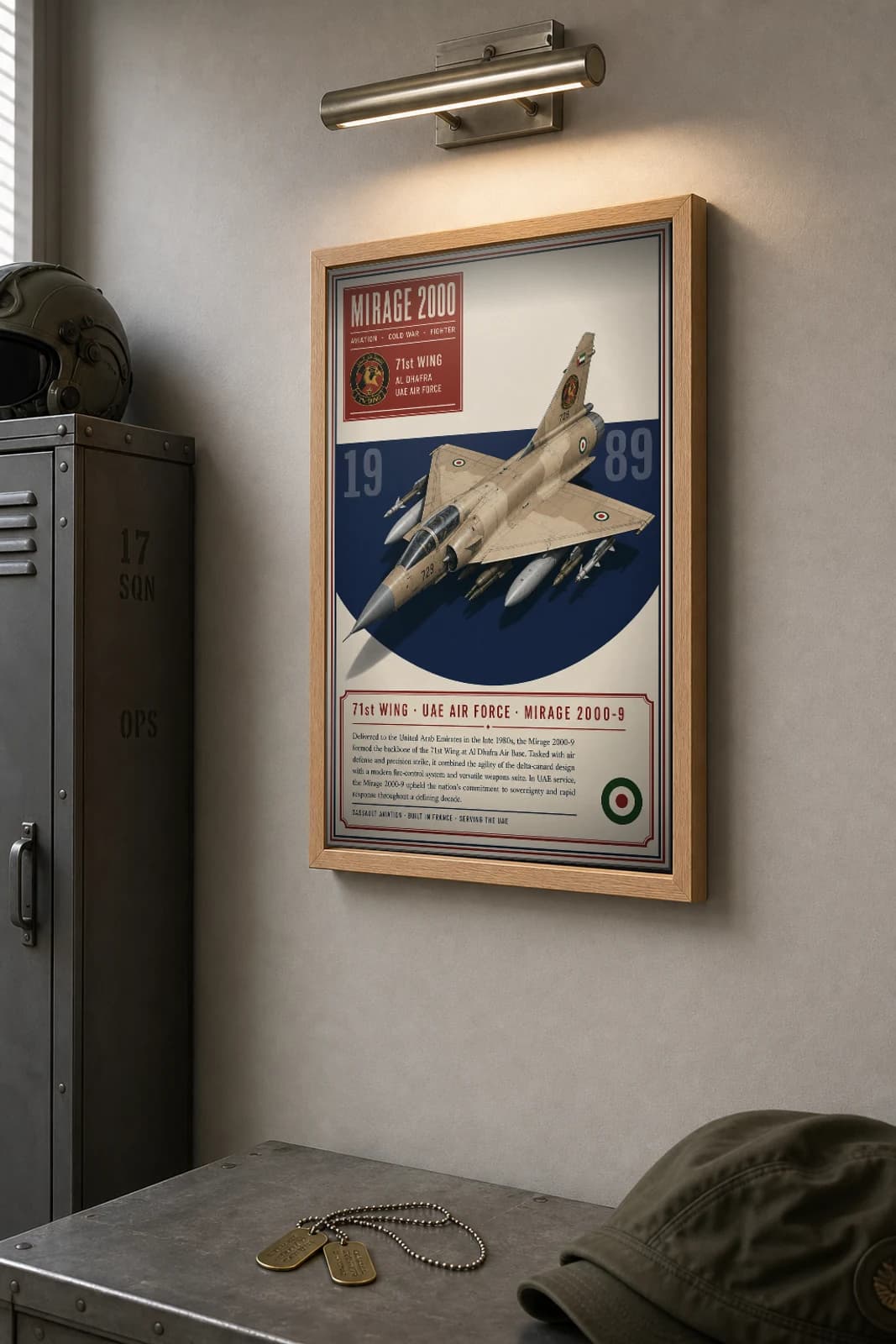 Mirage 2000-9 Poster — 71st Wing military aviation wall art · framed A2 · 1989 — the framed print shown at a three-quarter angle on a styled gallery wall in a natural-oak frame