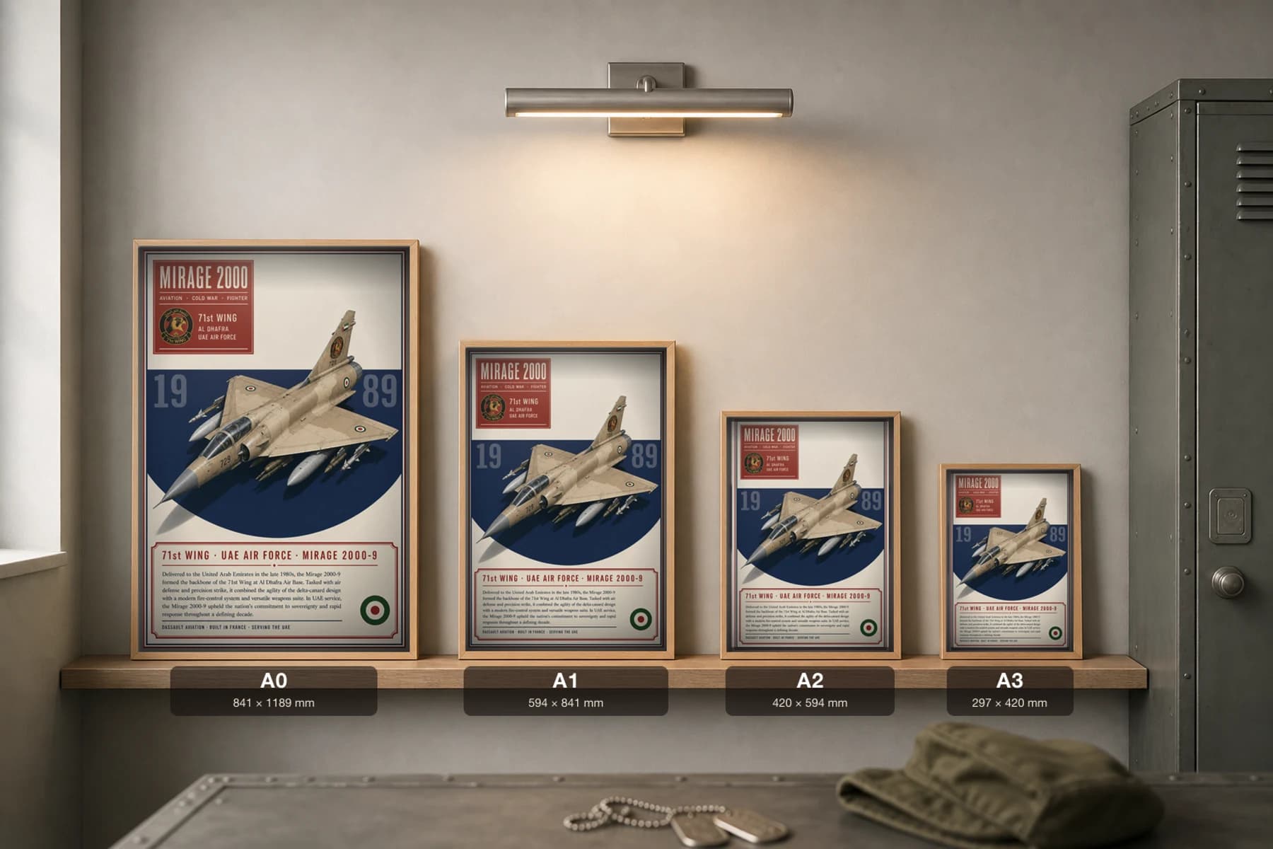 Mirage 2000-9 Poster — 71st Wing military aviation wall art · framed A2 · 1989 — print size guide showing the artwork at A0, A1, A2 and A3 in natural-oak frames at true relative scale