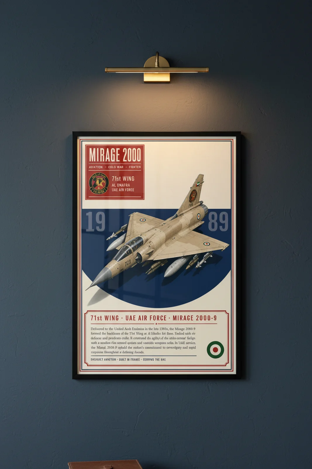 Mirage 2000-9 aviation poster in black A2 frame on desert-tan navy hangar wall — Aviation Heroes mockup