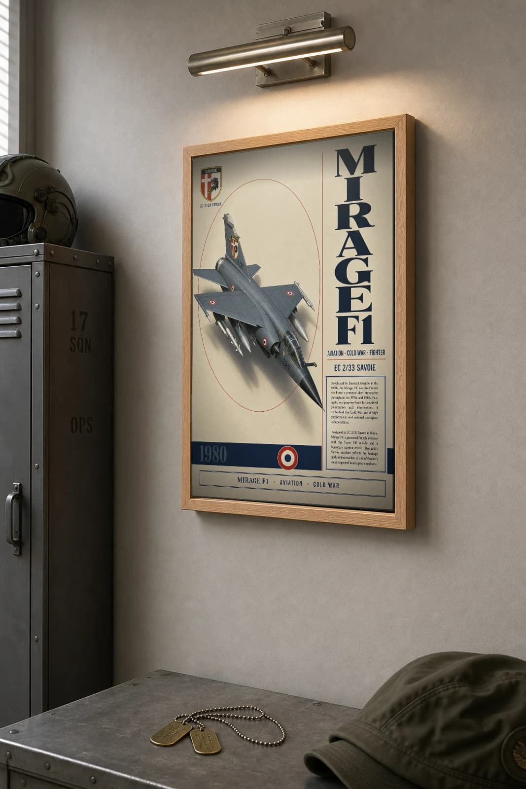 Mirage F1 Poster — EC 2/33 Savoie military aviation wall art · framed A2 · 1980 — the framed print shown at a three-quarter angle on a styled gallery wall in a natural-oak frame