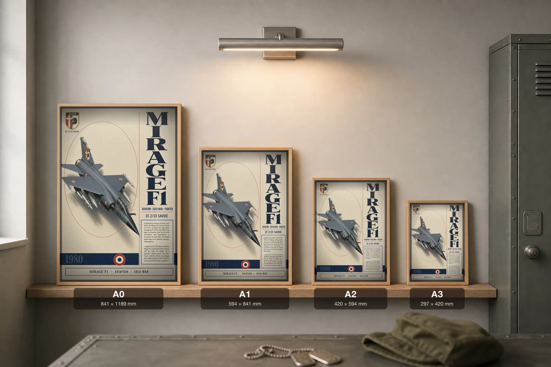 Mirage F1 Poster — EC 2/33 Savoie military aviation wall art · framed A2 · 1980 — print size guide showing the artwork at A0, A1, A2 and A3 in natural-oak frames at true relative scale