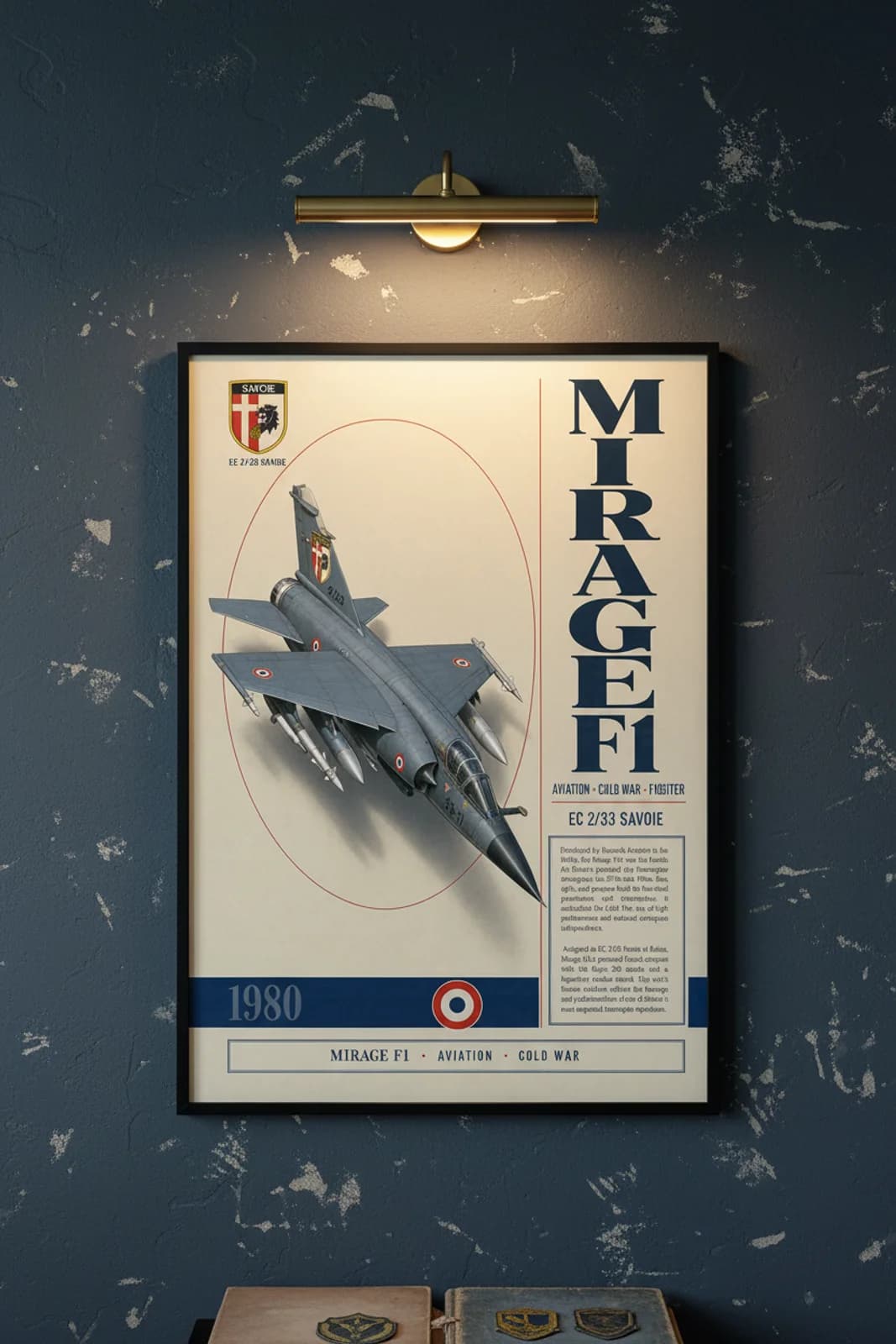 Mirage F1 aviation poster in black A2 frame on warm-cream-off-white navy hangar wall — Aviation Heroes mockup