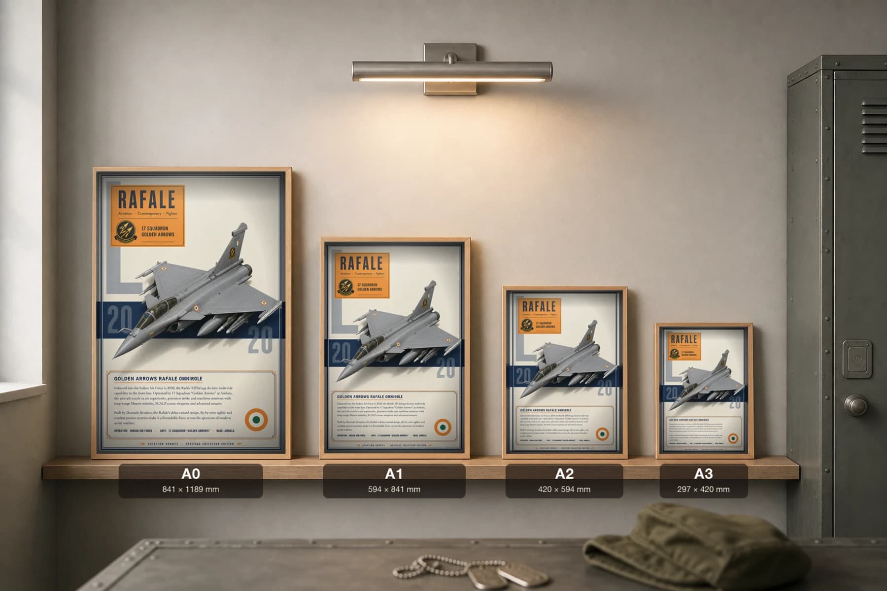 Dassault Rafale EH Poster — 17 Squadron Golden Arrows military aviation wall art · framed A2 · 2020 — print size guide showing the artwork at A0, A1, A2 and A3 in natural-oak frames at true relative scale