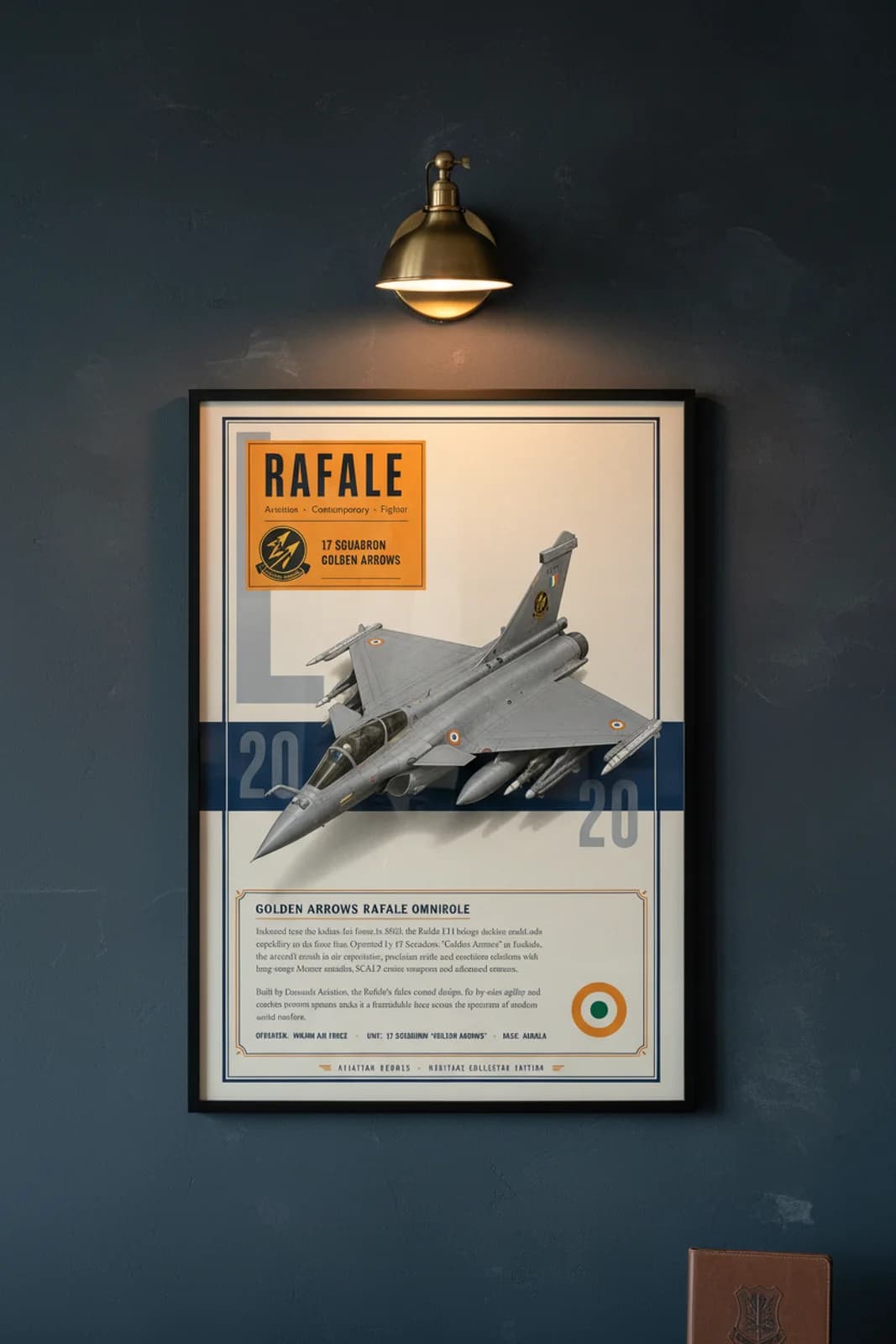 Dassault Rafale EH aviation poster in black A2 frame on iaf-grey navy hangar wall — Aviation Heroes mockup