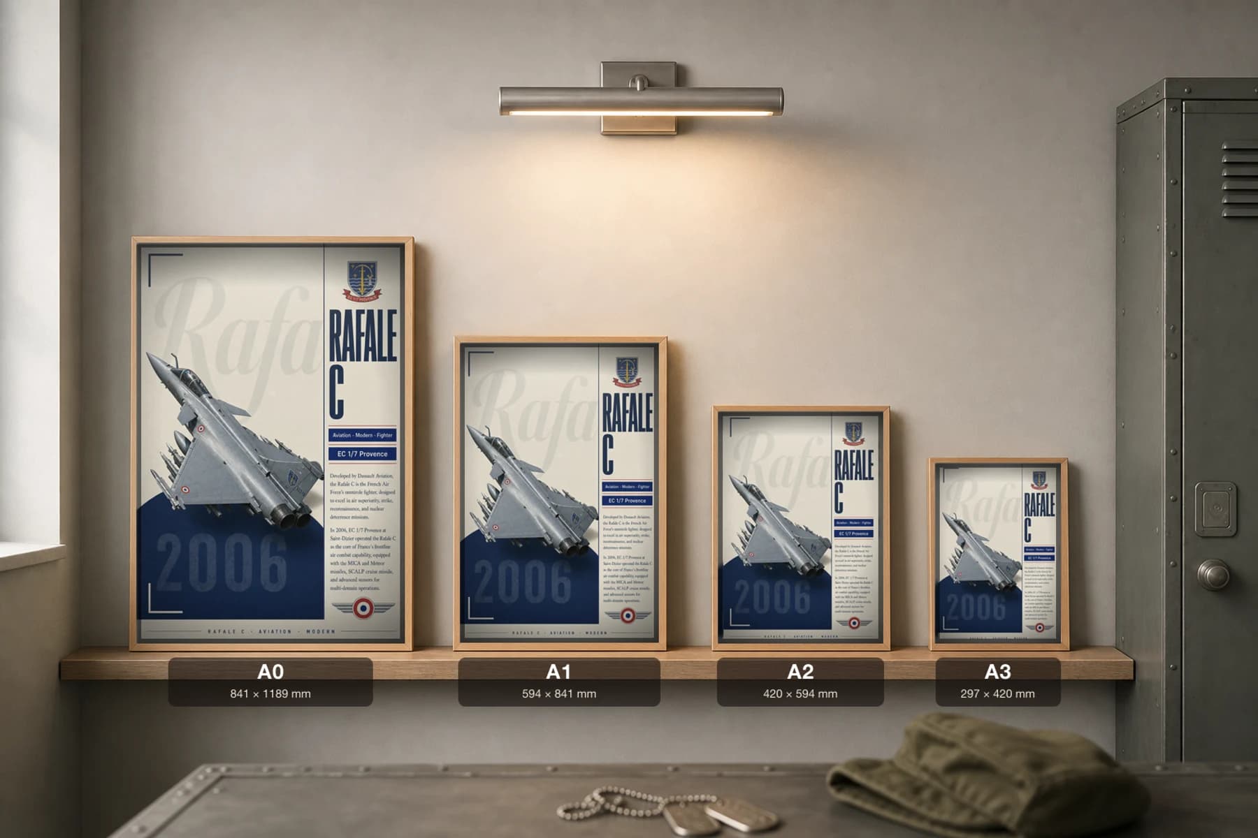 Rafale C Poster — EC 1/7 Provence military aviation wall art · framed A2 · 2006 — print size guide showing the artwork at A0, A1, A2 and A3 in natural-oak frames at true relative scale