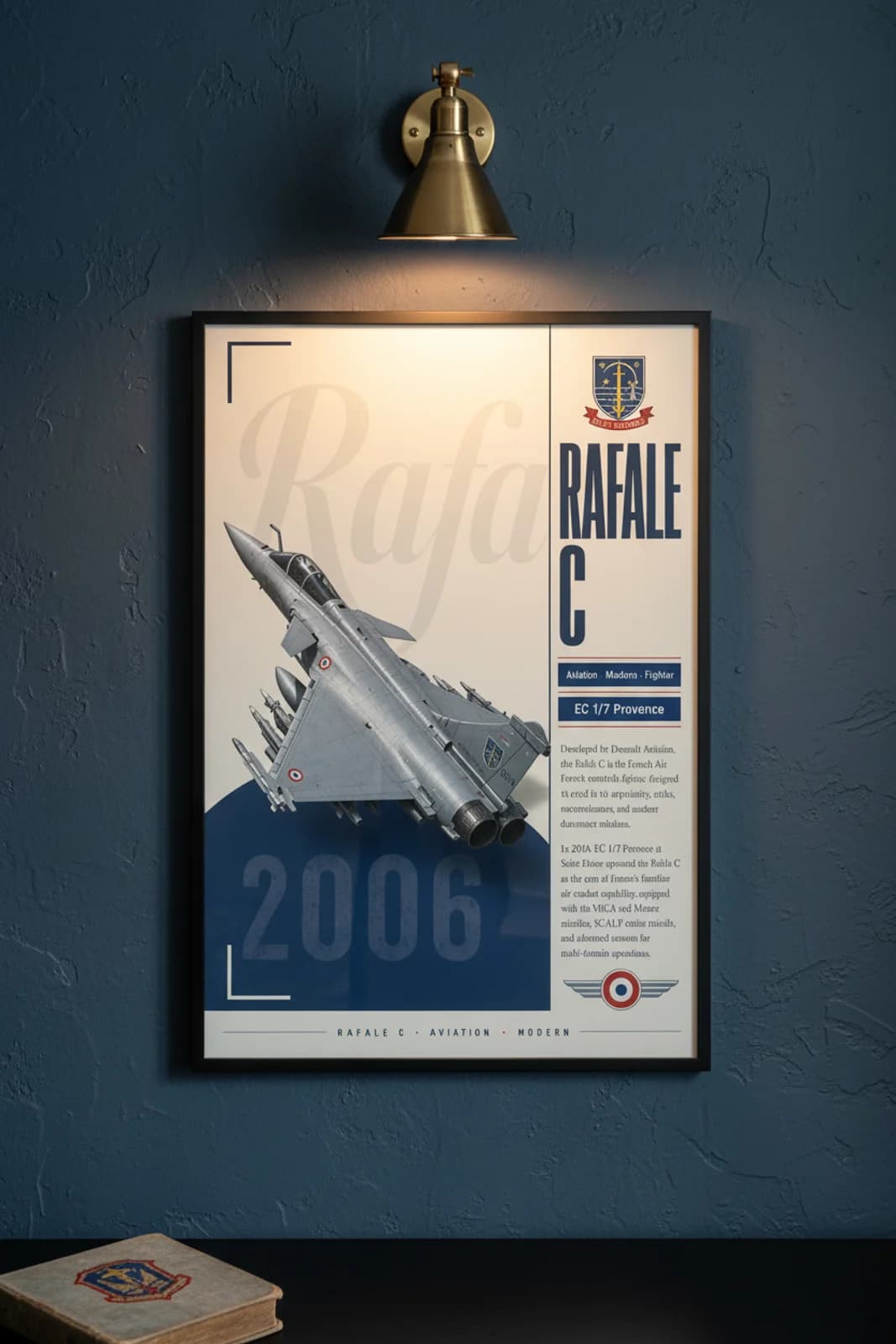 Rafale C aviation poster in black A2 frame on grey-blue-camo navy hangar wall — Aviation Heroes mockup