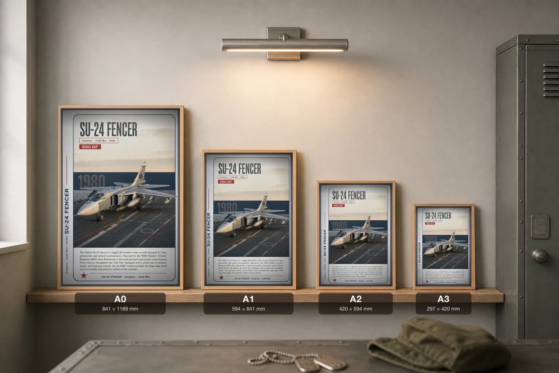 Su-24 Fencer Poster — 968th BAP military aviation wall art · framed A2 · 1980 — print size guide showing the artwork at A0, A1, A2 and A3 in natural-oak frames at true relative scale