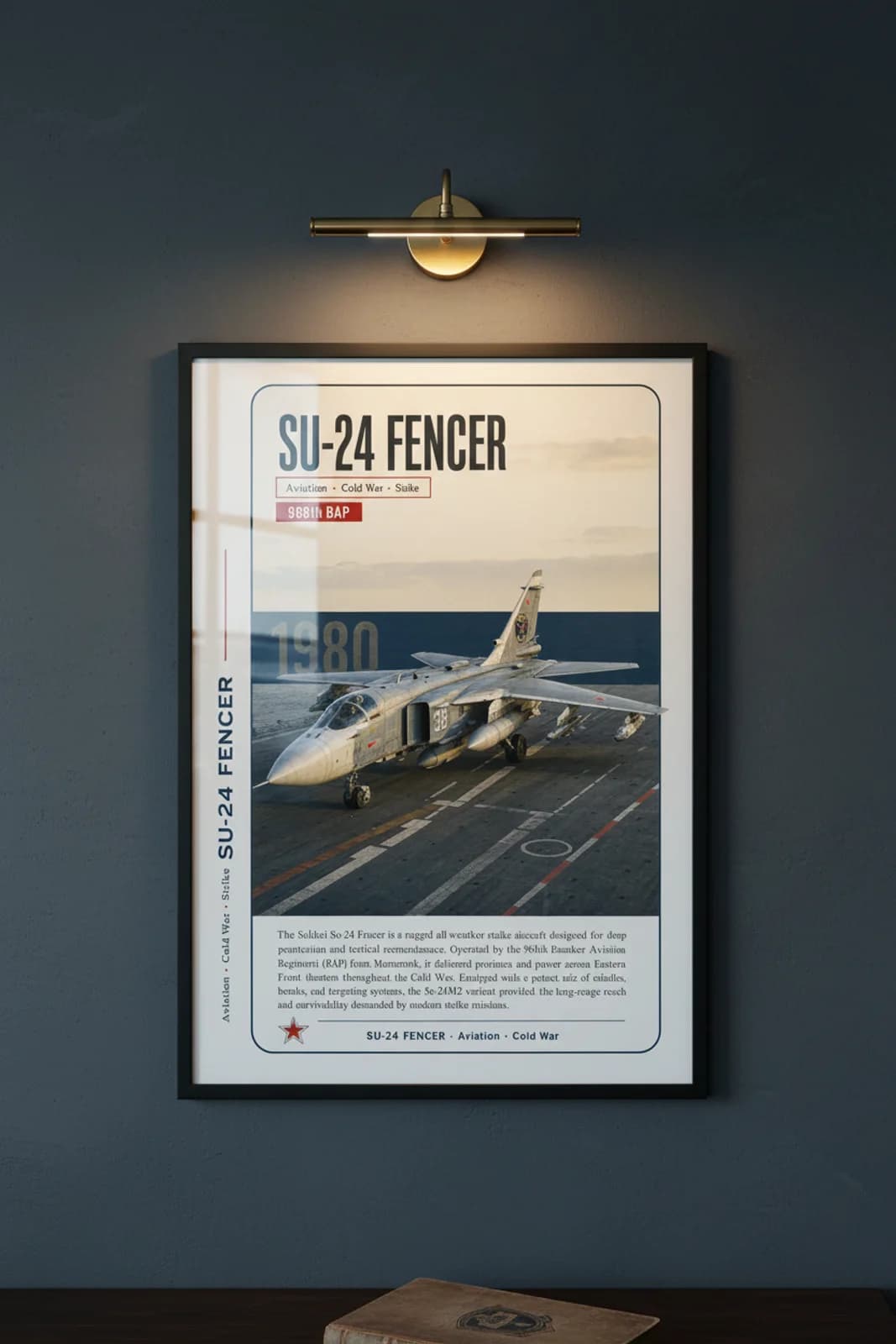Su-24 Fencer aviation poster in black A2 frame on light-grey-silver navy hangar wall — Aviation Heroes mockup