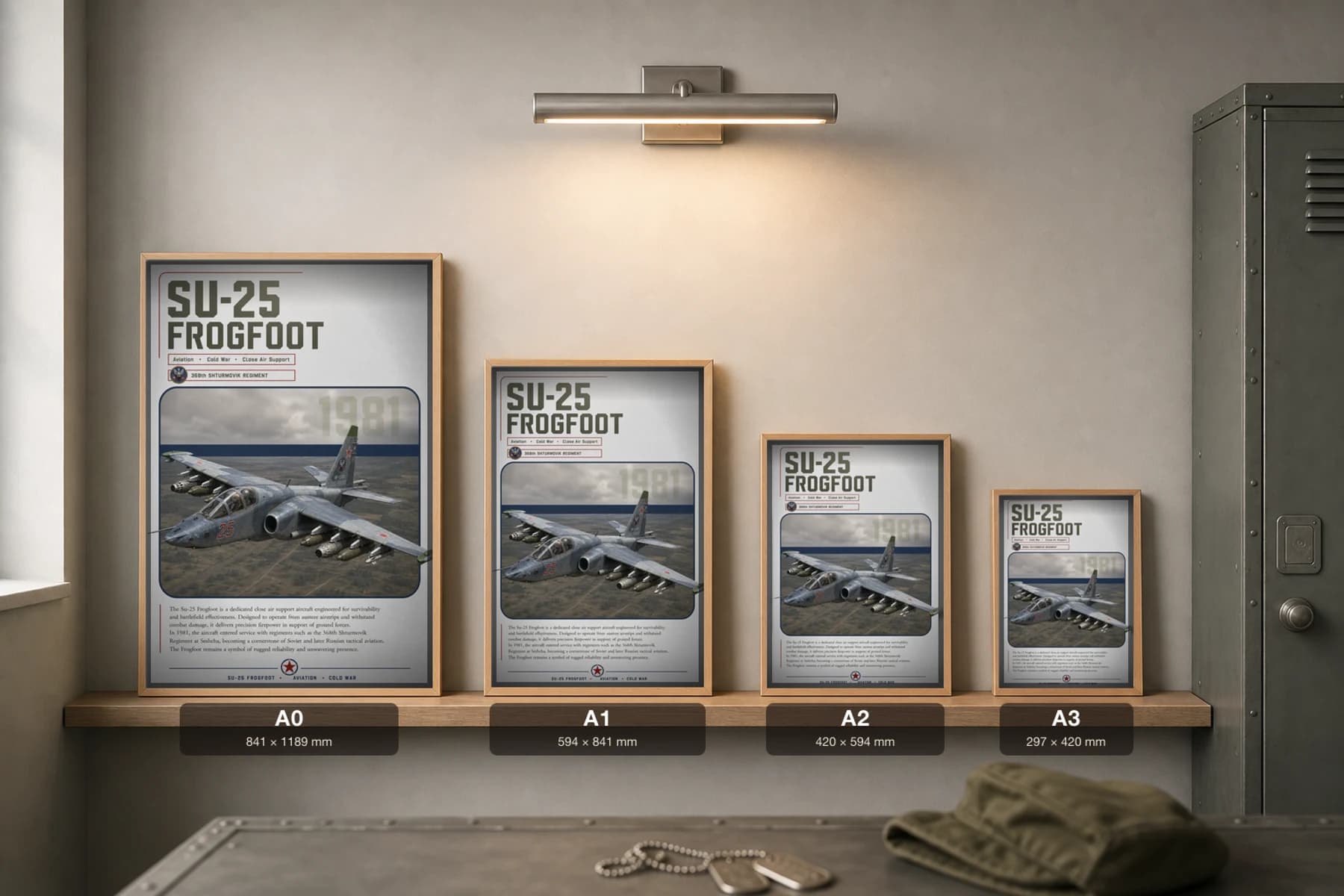 Su-25 Frogfoot Poster — 368th Shturmovik Regiment military aviation wall art · framed A2 · 1981 — print size guide showing the artwork at A0, A1, A2 and A3 in natural-oak frames at true relative scale