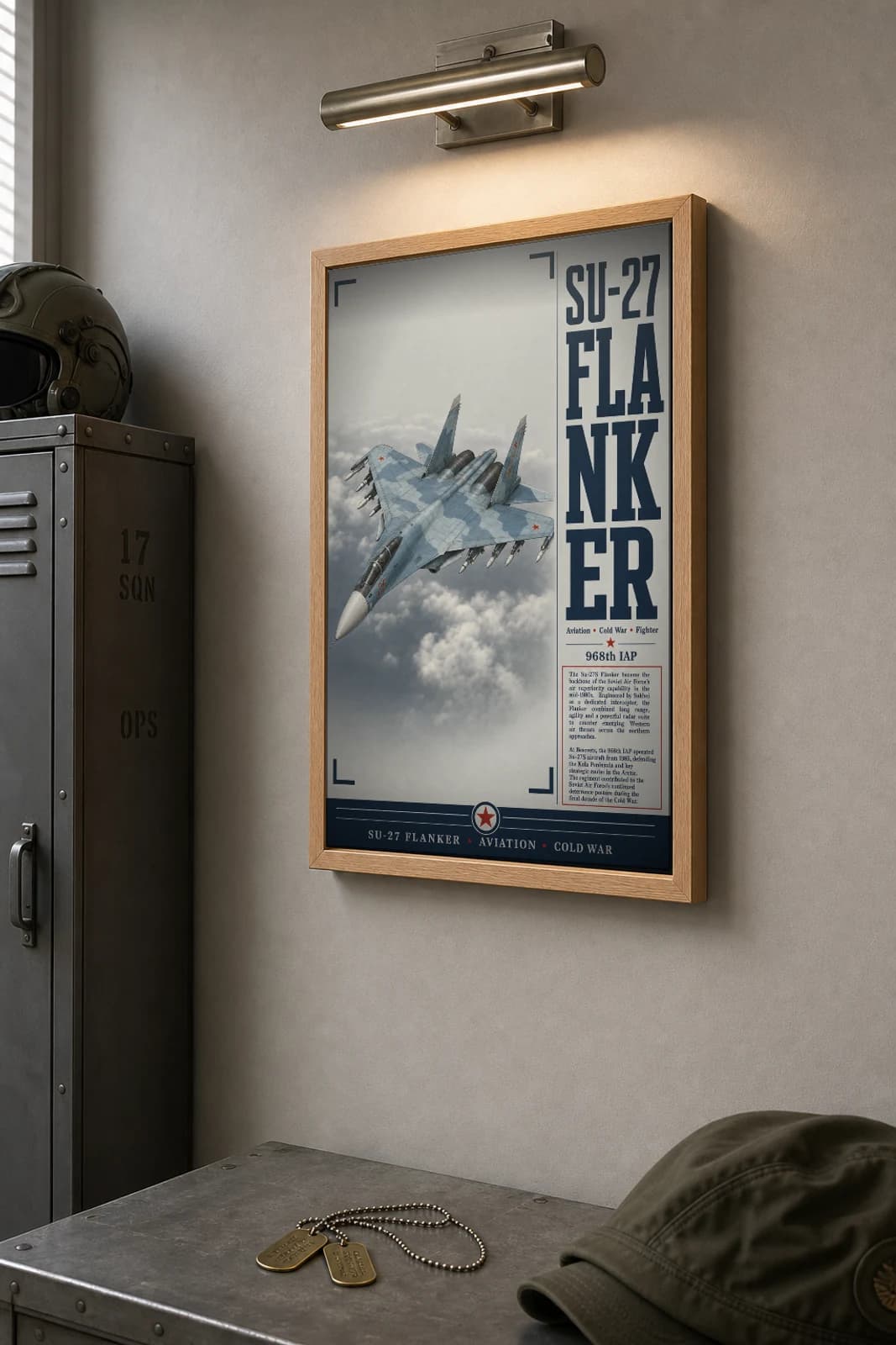 Su-27 Flanker Poster — 968th IAP military aviation wall art · framed A2 · 1985 — the framed print shown at a three-quarter angle on a styled gallery wall in a natural-oak frame