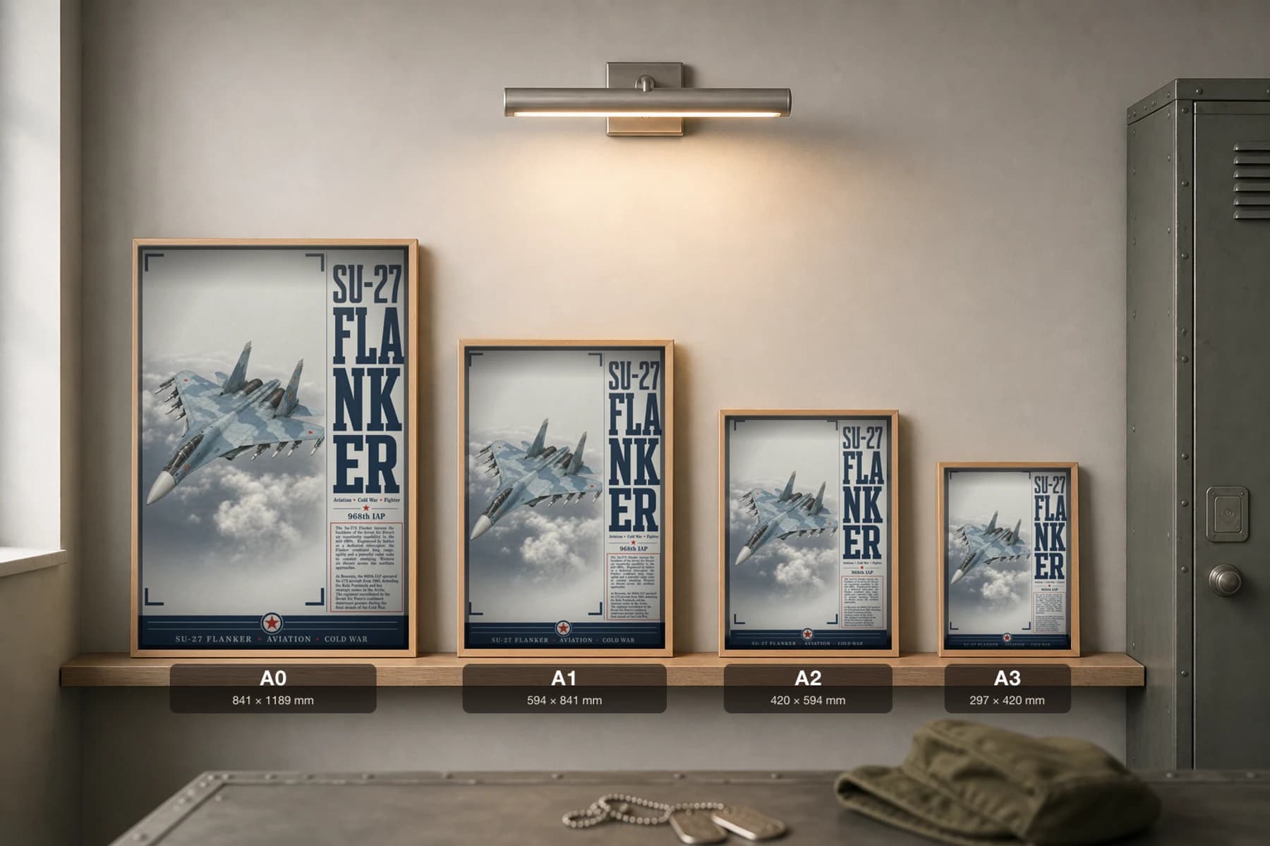 Su-27 Flanker Poster — 968th IAP military aviation wall art · framed A2 · 1985 — print size guide showing the artwork at A0, A1, A2 and A3 in natural-oak frames at true relative scale