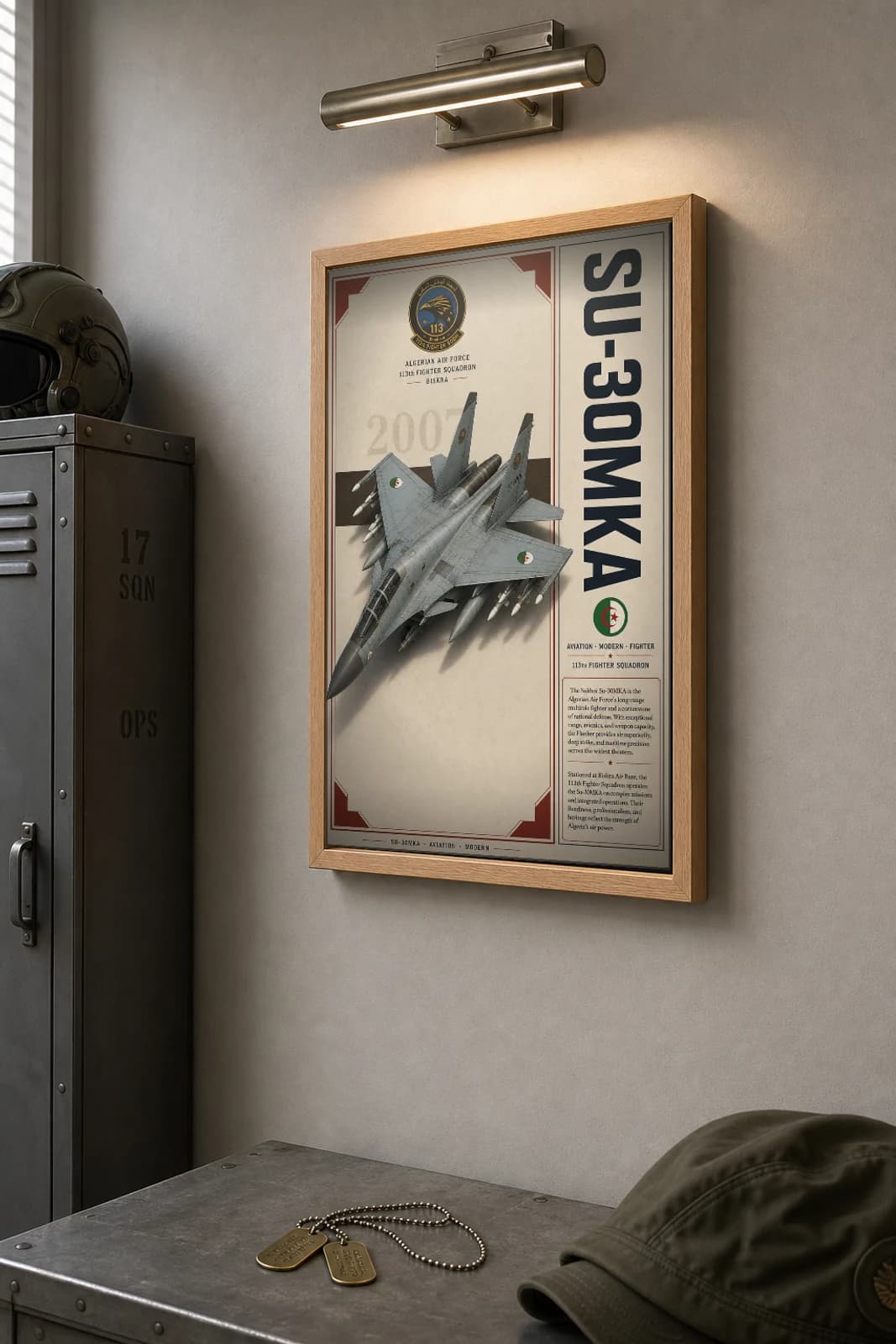 Su-30MKA Poster — 113th Fighter Squadron military aviation wall art · framed A2 · 2007 — the framed print shown at a three-quarter angle on a styled gallery wall in a natural-oak frame