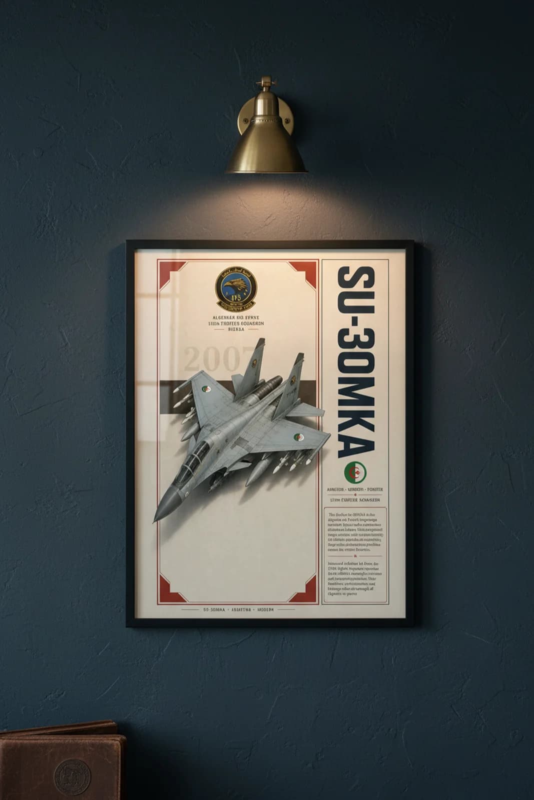 Su-30MKA aviation poster in black A2 frame on warm-cream-off-white navy hangar wall — Aviation Heroes mockup