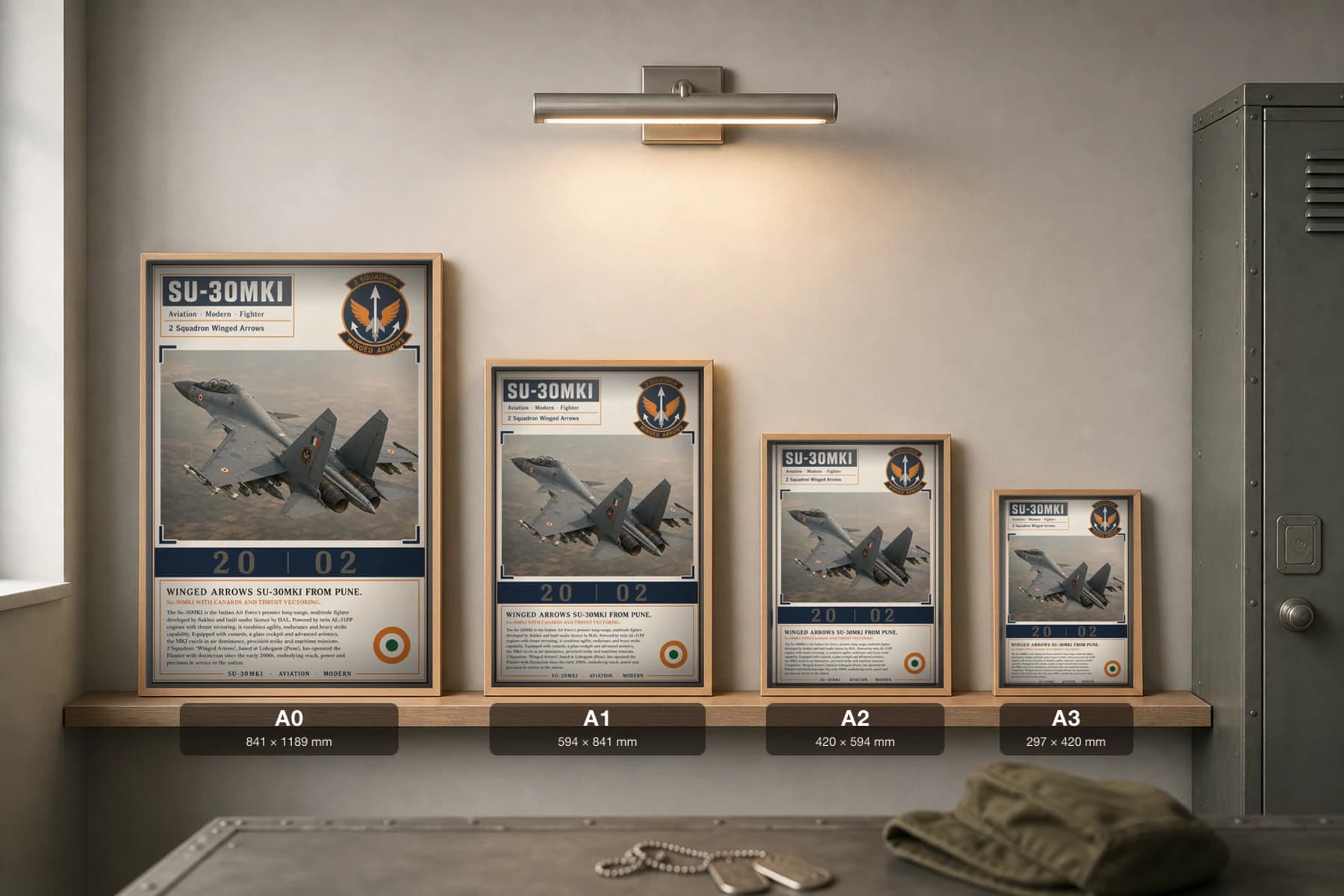 Su-30MKI Poster — 2 Squadron Winged Arrows military aviation wall art · framed A2 · 2002 — print size guide showing the artwork at A0, A1, A2 and A3 in natural-oak frames at true relative scale