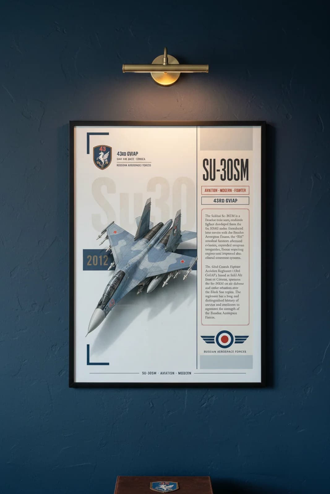 SU-30SM aviation poster in black A2 frame on sky-blue navy hangar wall — Aviation Heroes mockup