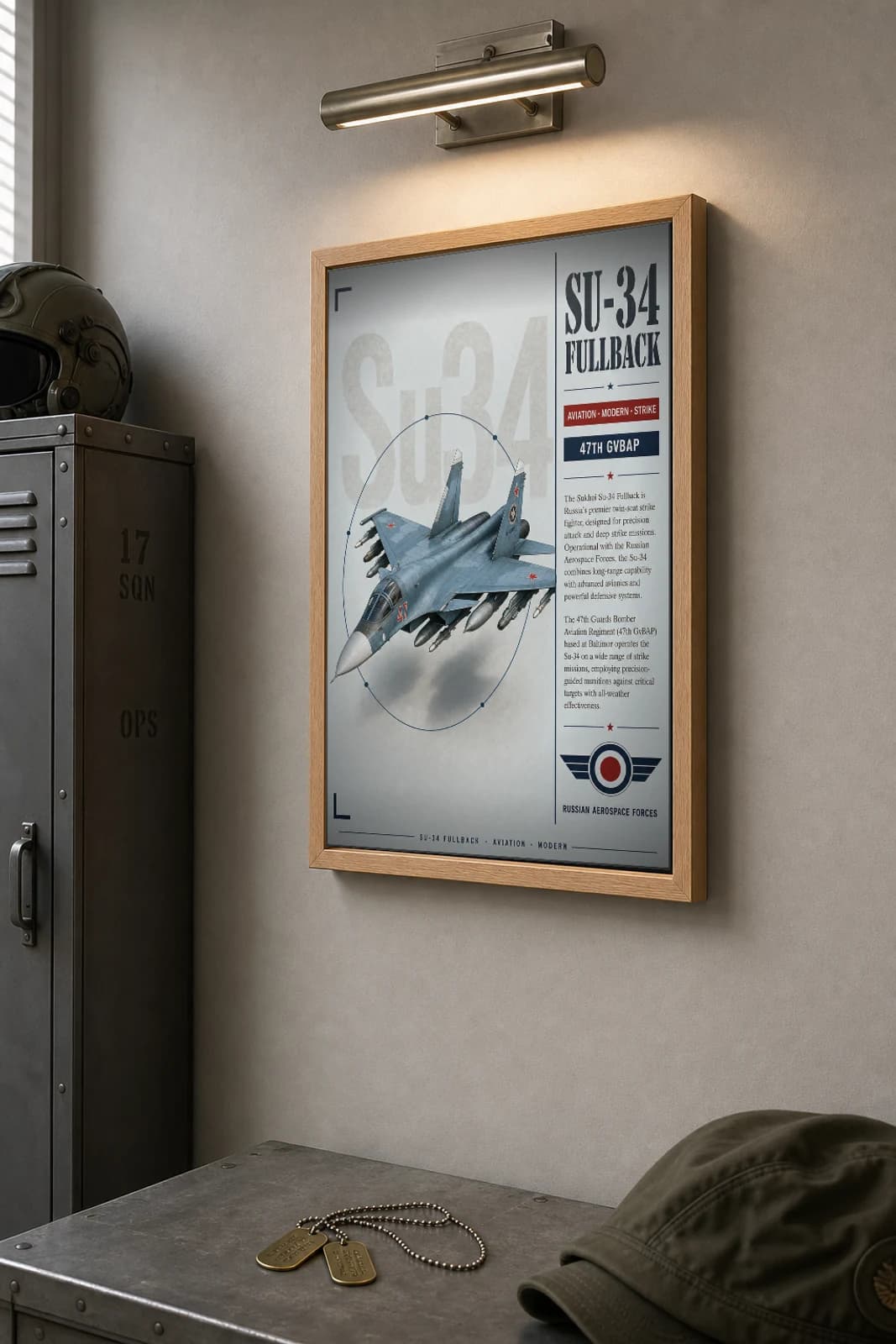 Su-34 Fullback Poster — 47th Guards Bomber Aviation Regiment military aviation wall art · framed A2 · 2014 — the framed print shown at a three-quarter angle on a styled gallery wall in a natural-oak frame