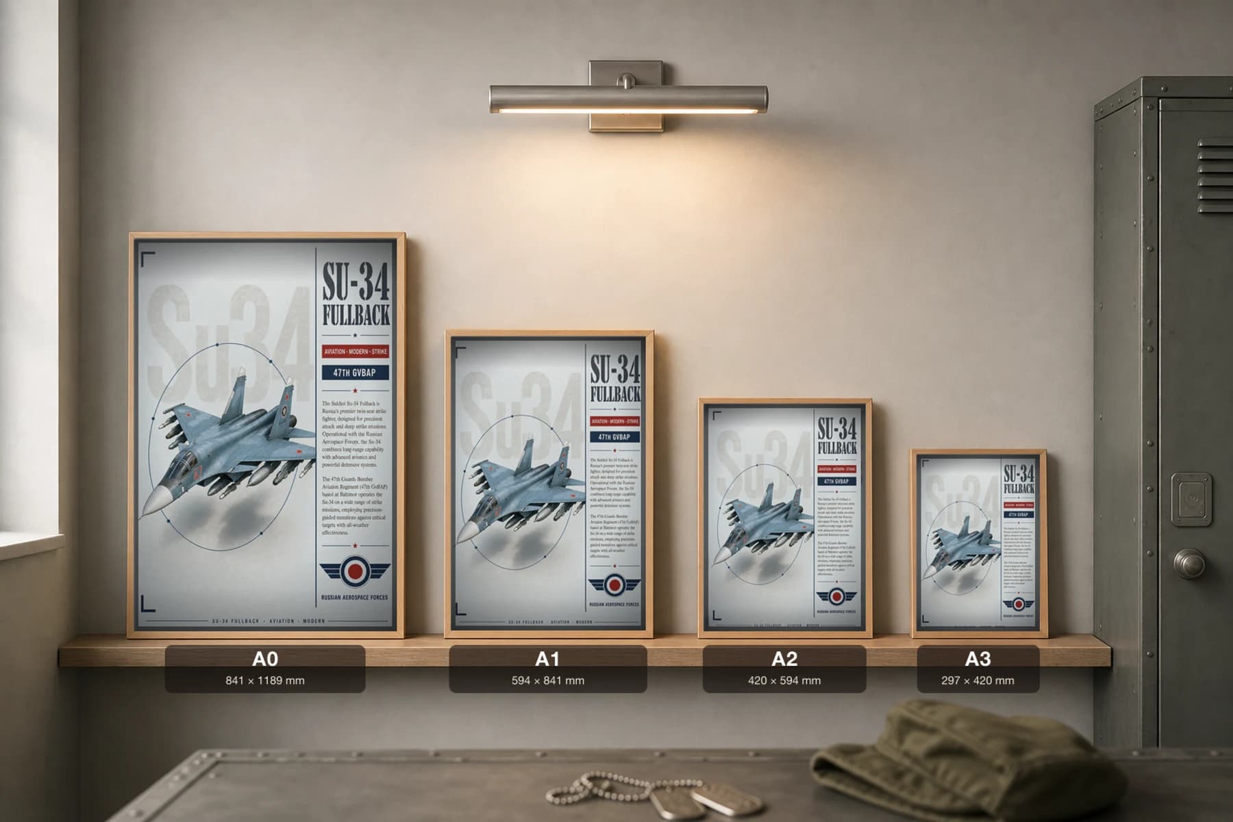 Su-34 Fullback Poster — 47th Guards Bomber Aviation Regiment military aviation wall art · framed A2 · 2014 — print size guide showing the artwork at A0, A1, A2 and A3 in natural-oak frames at true relative scale
