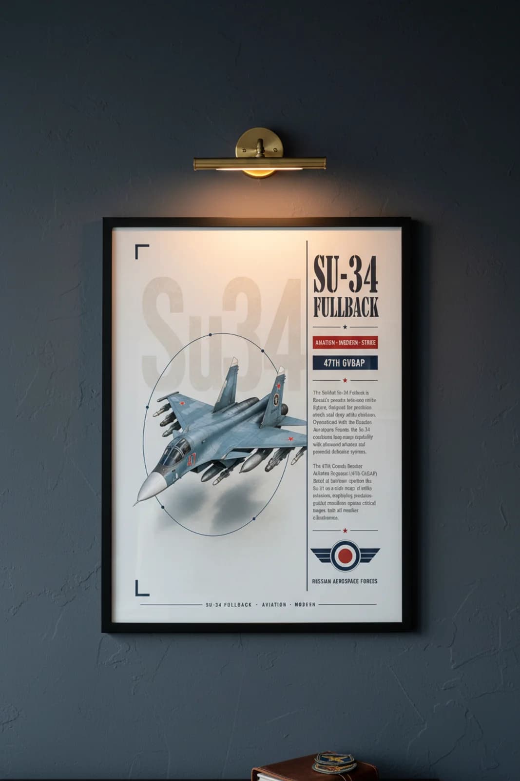 Su-34 Fullback aviation poster in black A2 frame on blue-grey-camo navy hangar wall — Aviation Heroes mockup