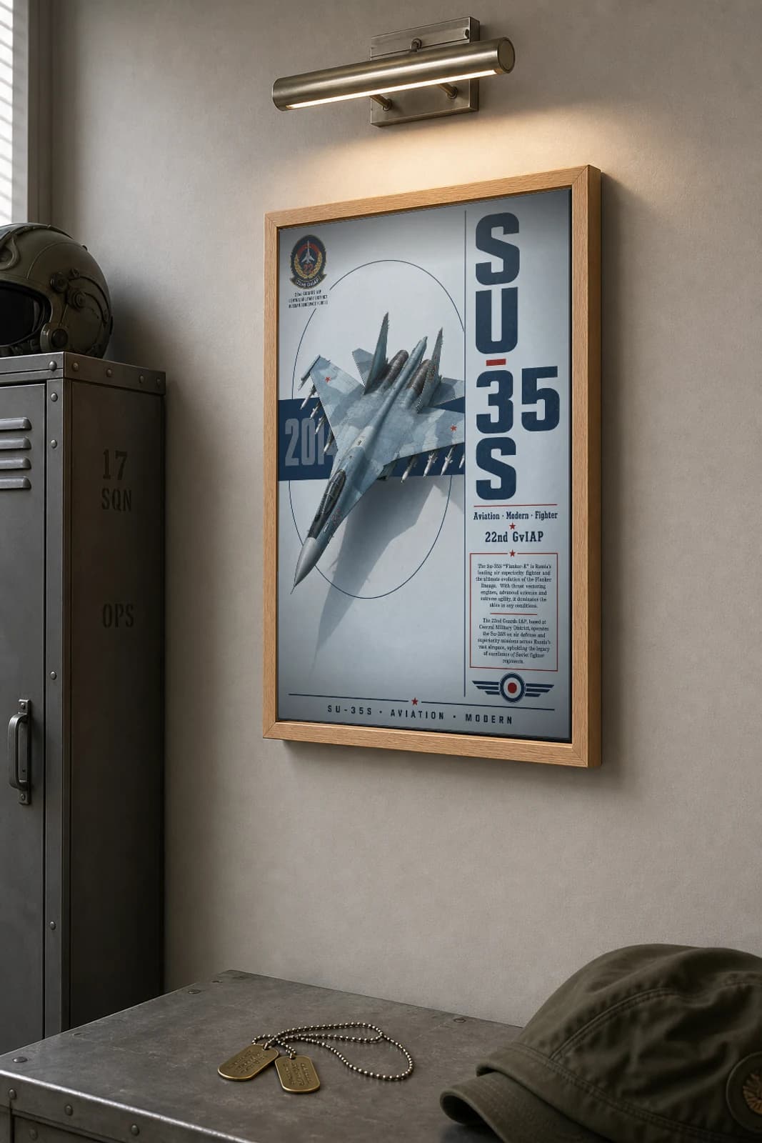 Su-35S Flanker-E Poster — 22nd GvIAP military aviation wall art · framed A2 · 2014 — the framed print shown at a three-quarter angle on a styled gallery wall in a natural-oak frame