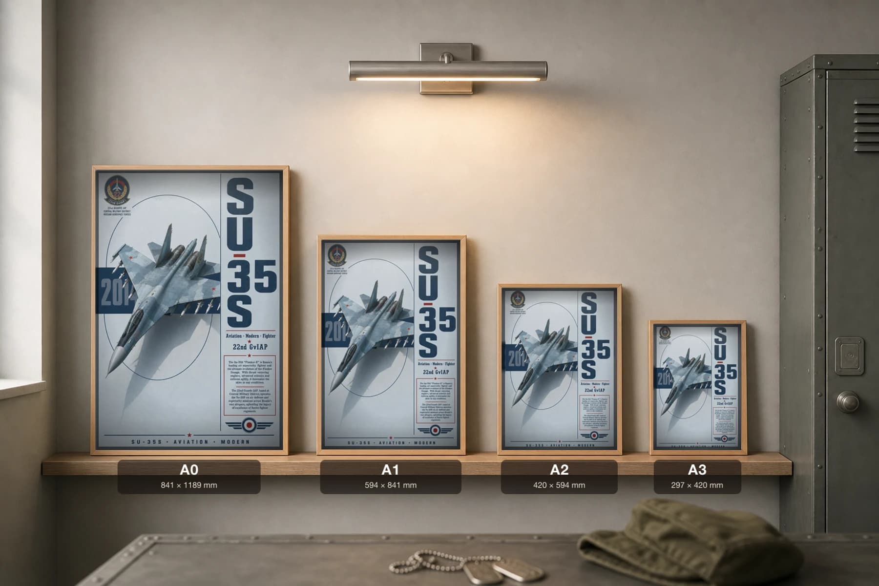 Su-35S Flanker-E Poster — 22nd GvIAP military aviation wall art · framed A2 · 2014 — print size guide showing the artwork at A0, A1, A2 and A3 in natural-oak frames at true relative scale