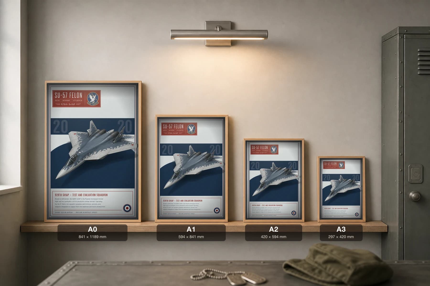 Su-57 Felon Poster — 929th GvIAP military aviation wall art · framed A2 · 2020 — print size guide showing the artwork at A0, A1, A2 and A3 in natural-oak frames at true relative scale
