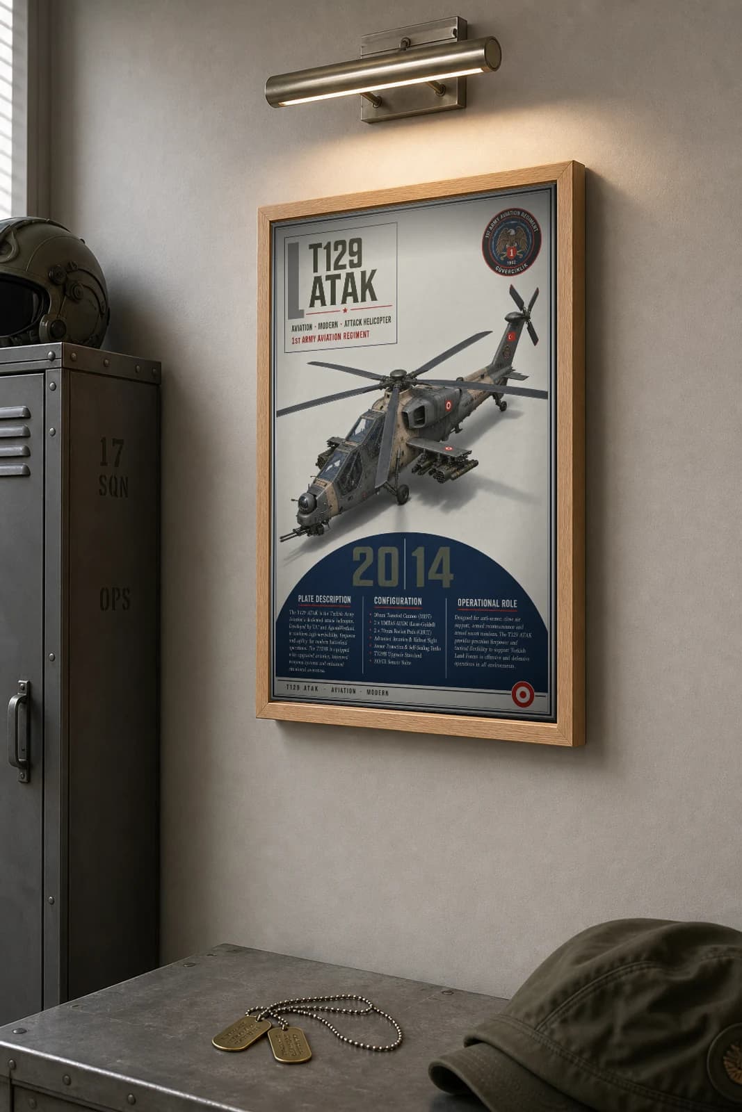 T129 ATAK Poster — 1st Army Aviation Regiment military aviation wall art · framed A2 · 2014 — the framed print shown at a three-quarter angle on a styled gallery wall in a natural-oak frame
