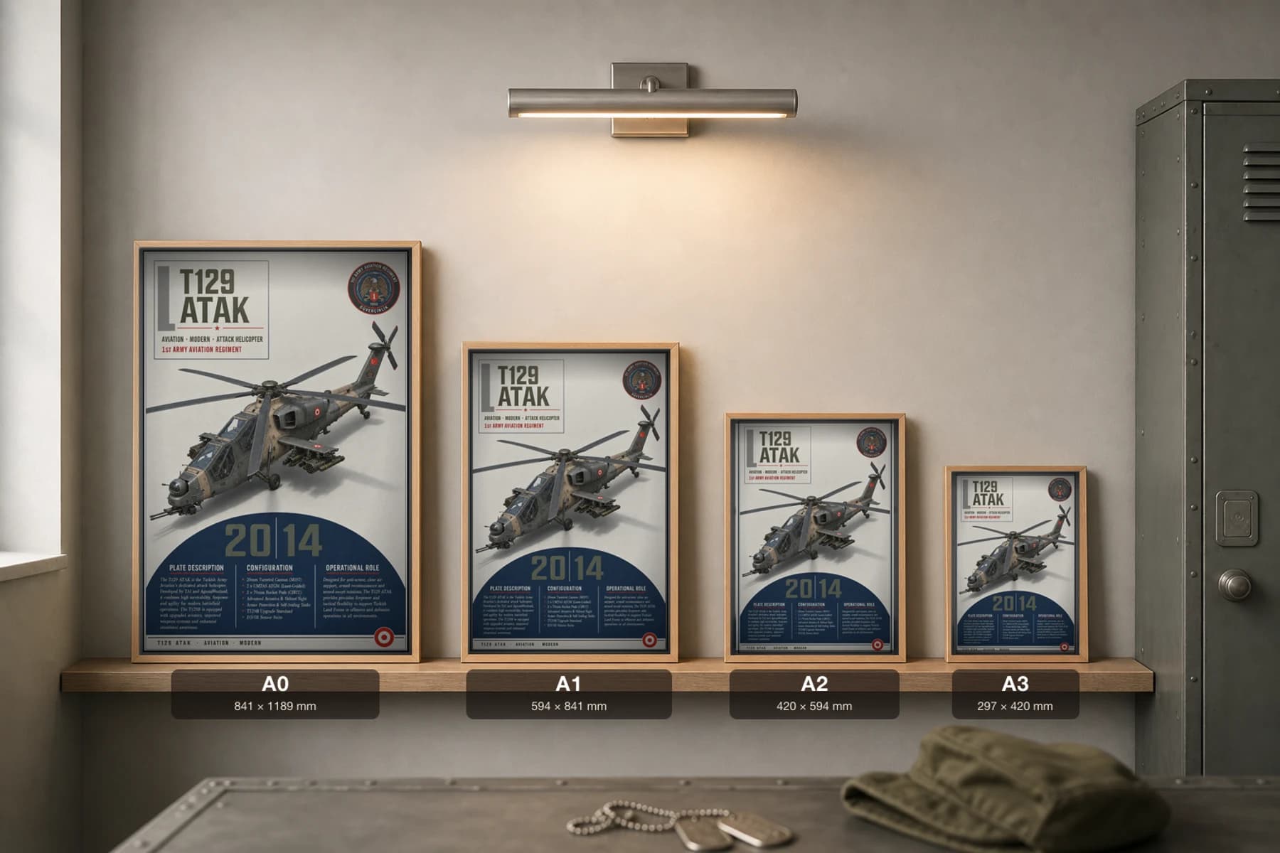 T129 ATAK Poster — 1st Army Aviation Regiment military aviation wall art · framed A2 · 2014 — print size guide showing the artwork at A0, A1, A2 and A3 in natural-oak frames at true relative scale