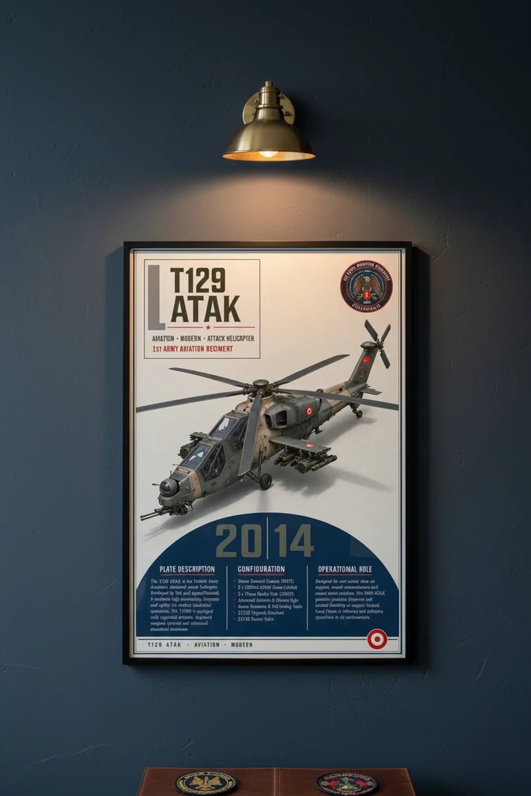 T129 ATAK aviation poster in black A2 frame on olive-drab navy hangar wall — Aviation Heroes mockup