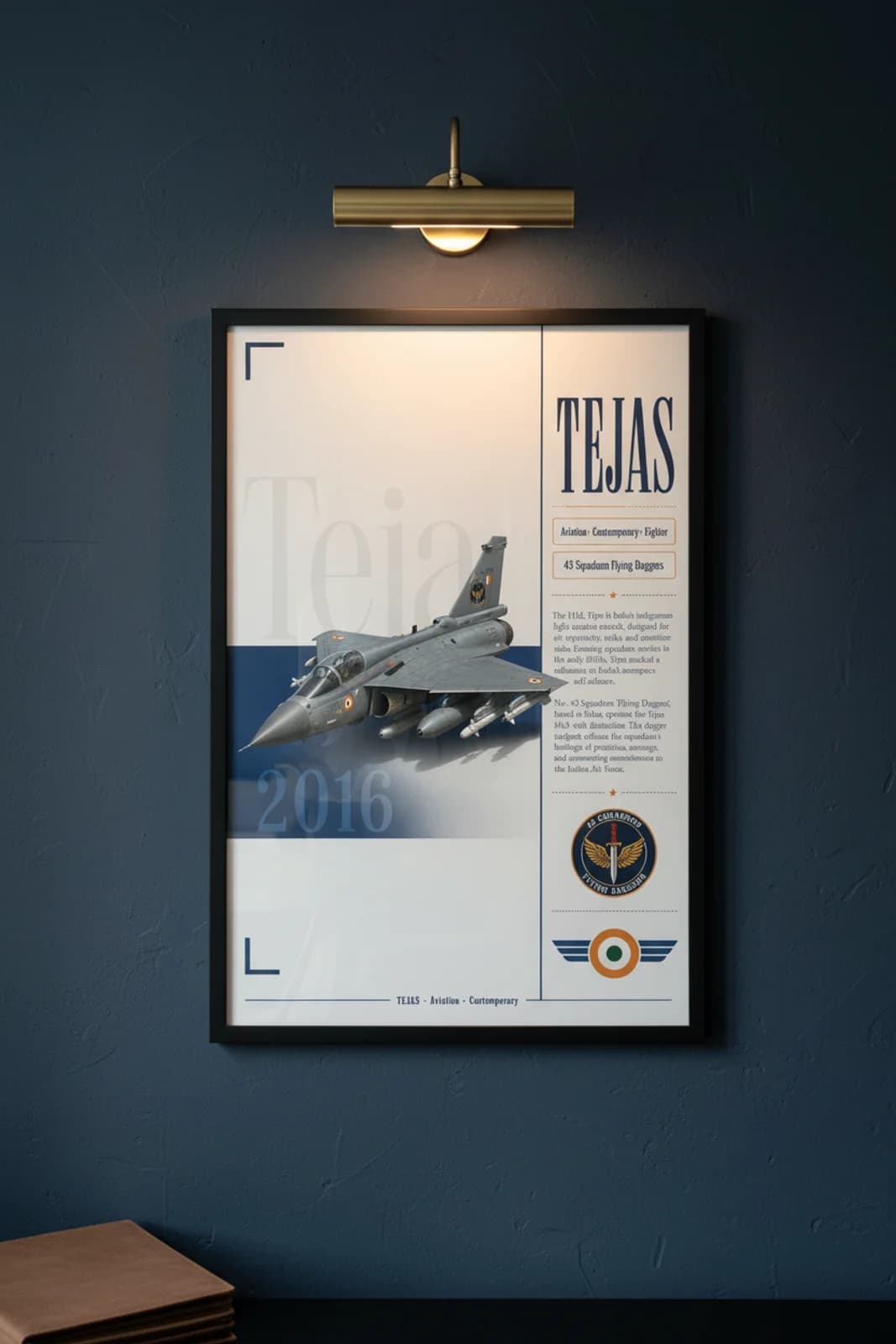 Tejas Mk1 aviation poster in black A2 frame on iaf-grey navy hangar wall — Aviation Heroes mockup