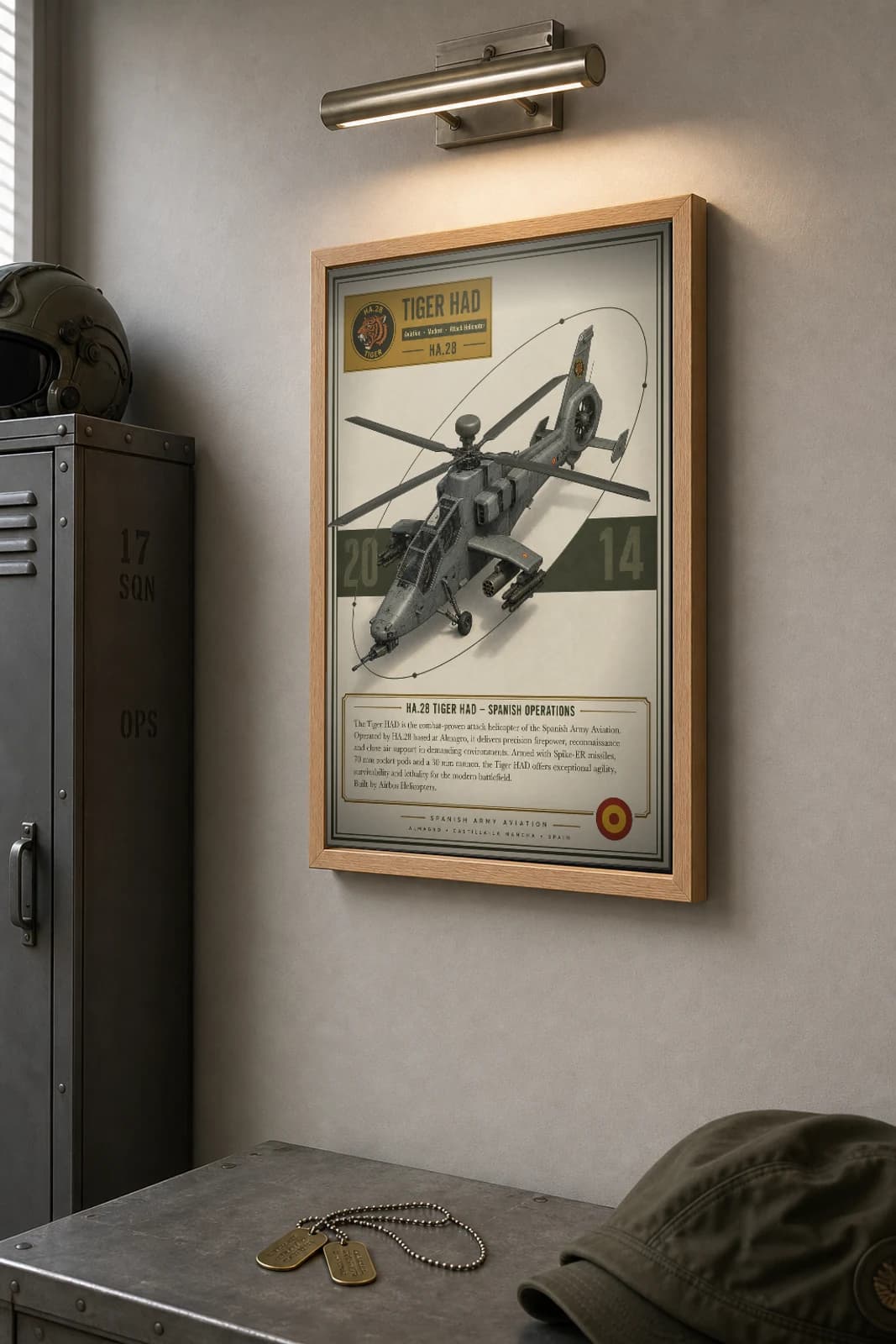 Tiger HAD Poster — HA.28 military aviation wall art · framed A2 · 2014 — the framed print shown at a three-quarter angle on a styled gallery wall in a natural-oak frame