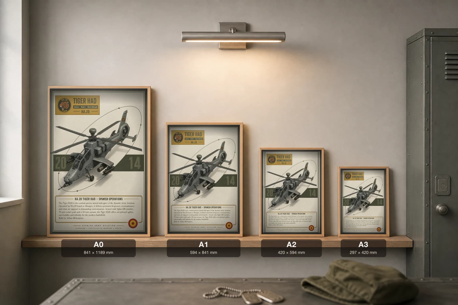 Tiger HAD Poster — HA.28 military aviation wall art · framed A2 · 2014 — print size guide showing the artwork at A0, A1, A2 and A3 in natural-oak frames at true relative scale