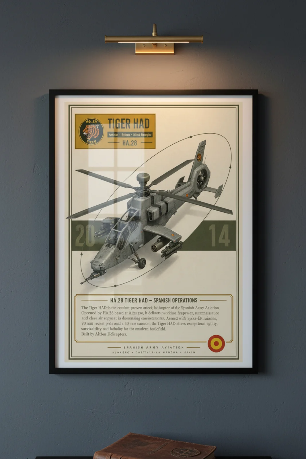 Tiger HAD aviation poster in black A2 frame on matte-grey navy hangar wall — Aviation Heroes mockup
