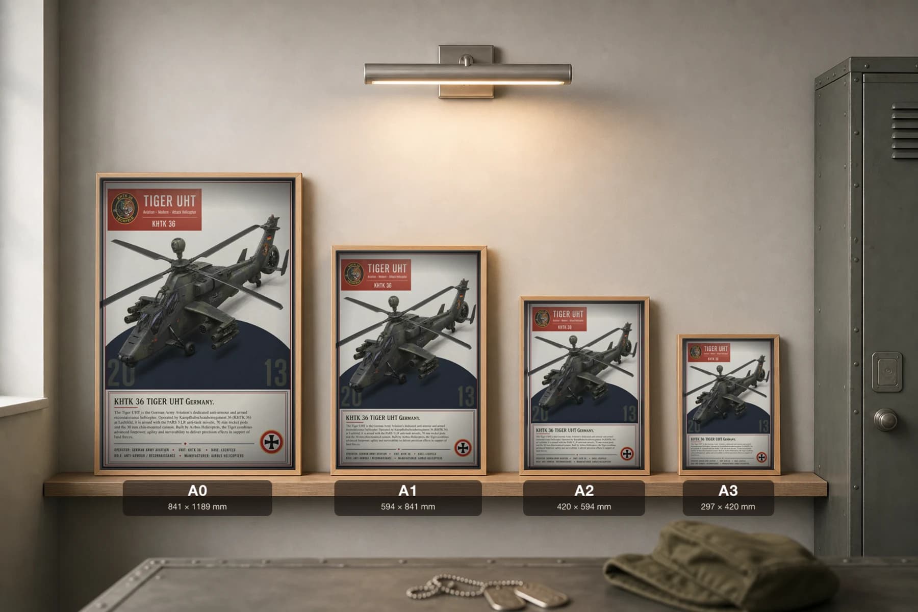 Eurocopter Tiger UHT Poster — KHTK 36 military aviation wall art · framed A2 · 2013 — print size guide showing the artwork at A0, A1, A2 and A3 in natural-oak frames at true relative scale
