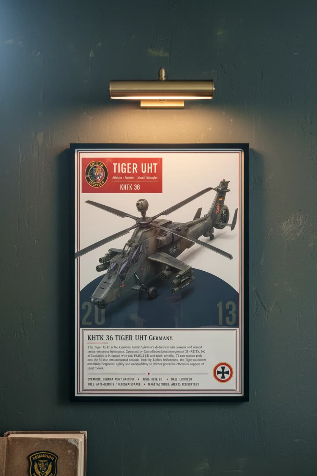 Tiger UHT aviation poster in black A2 frame on warm-light-grey navy hangar wall — Aviation Heroes mockup