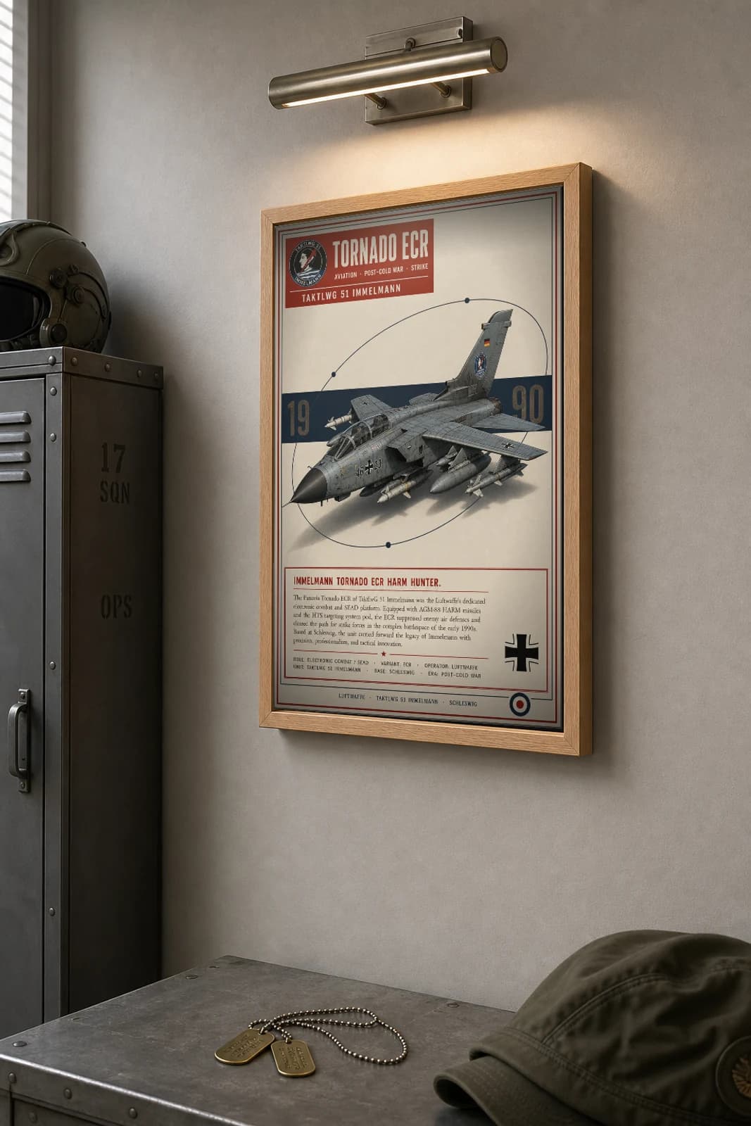 Tornado ECR Poster — TaktLwG 51 Immelmann military aviation wall art · framed A2 · 1990 — the framed print shown at a three-quarter angle on a styled gallery wall in a natural-oak frame