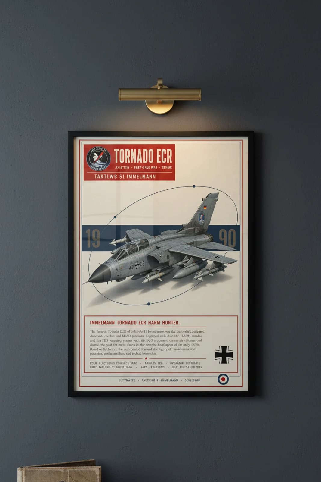 Tornado ECR aviation poster in black A2 frame on luftwaffe-grey navy hangar wall — Aviation Heroes mockup