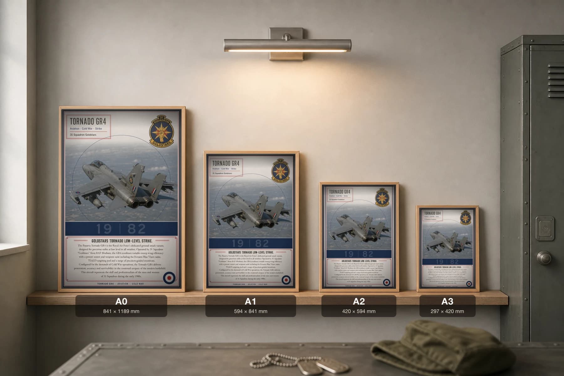 Tornado GR4 Poster — 31 Squadron Goldstars military aviation wall art · framed A2 · 1982 — print size guide showing the artwork at A0, A1, A2 and A3 in natural-oak frames at true relative scale