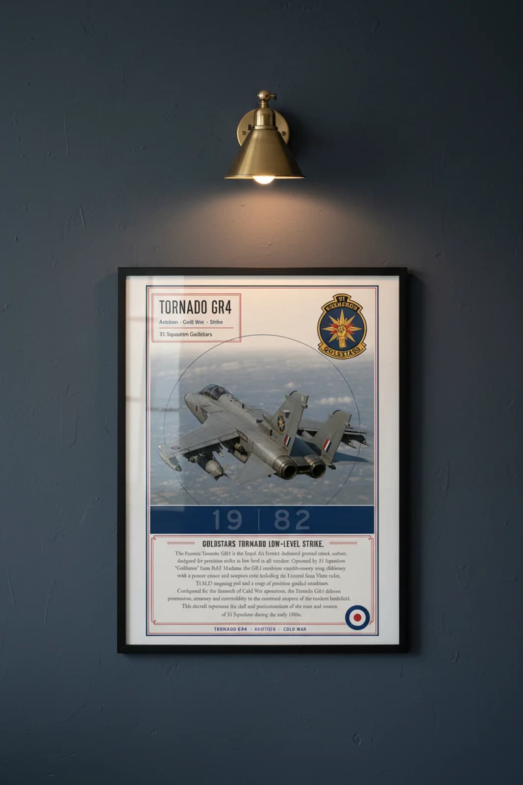 Tornado GR4 aviation poster in black A2 frame on raf-grey navy hangar wall — Aviation Heroes mockup